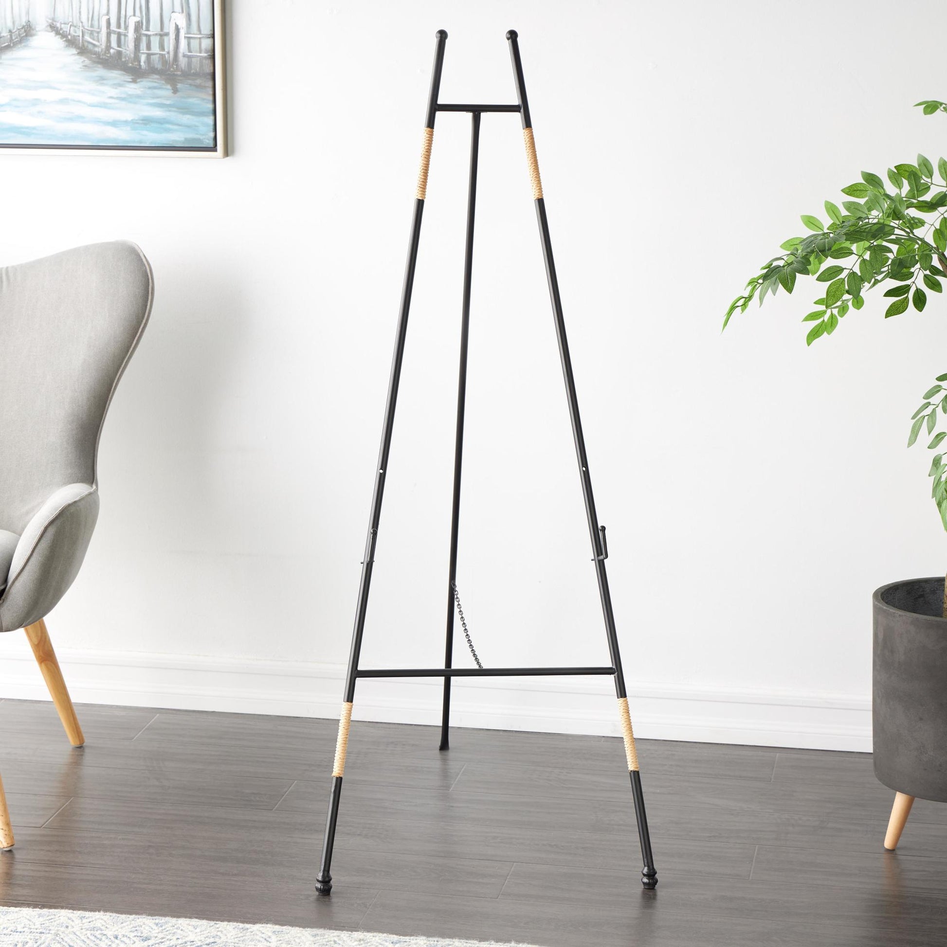 Black Metal Slim Foldable Floor 2 Tier Display Easel with Wrapped Rattan Accents
