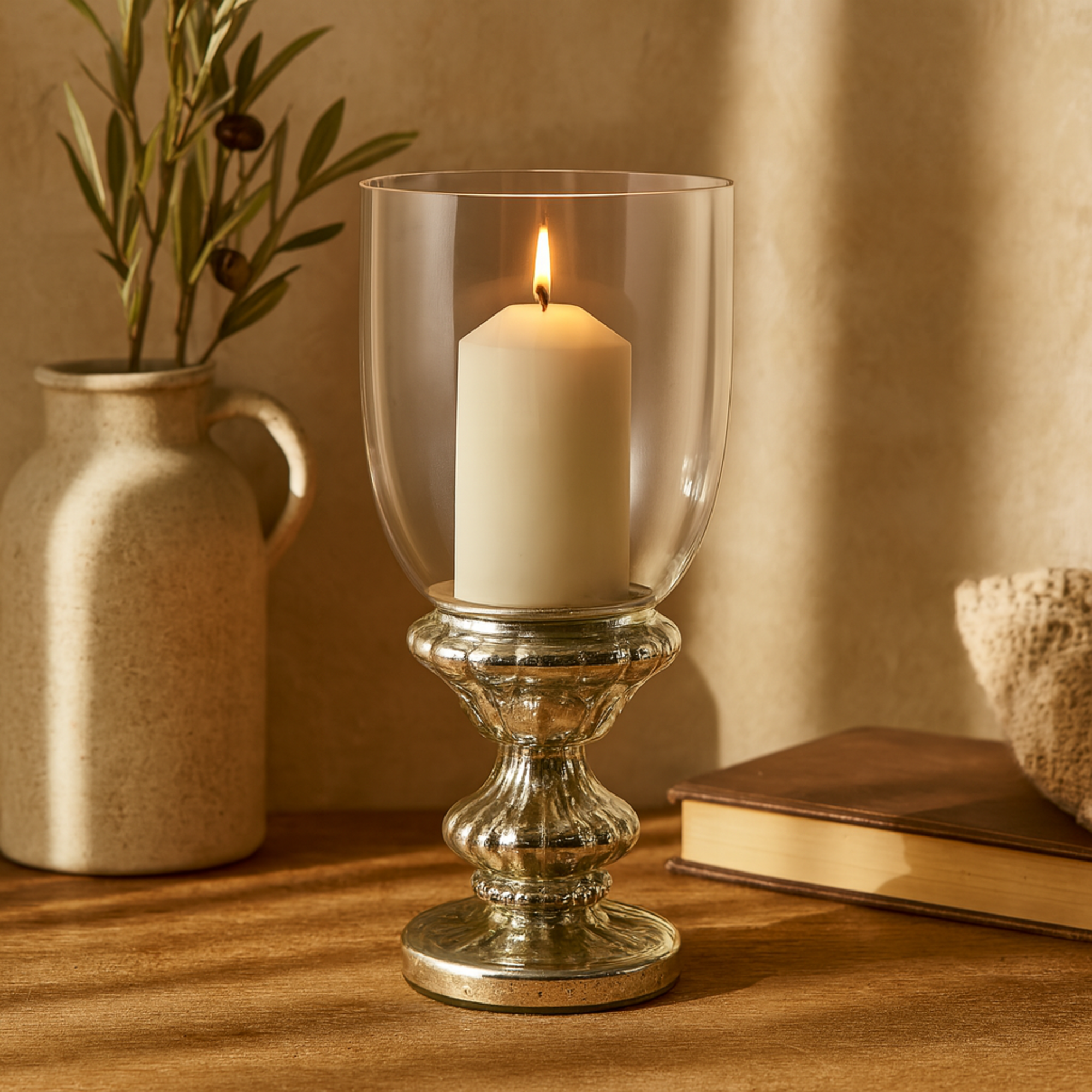 Silver Glass Handmade Turned Style Pillar Room Hurricane Lamp with Faux Mercury Glass Finish