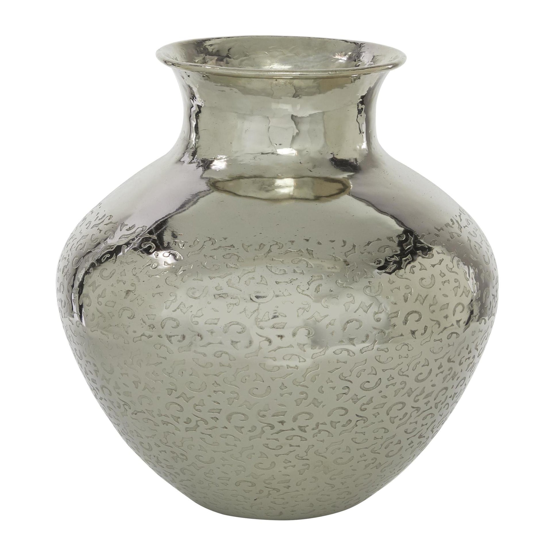 Silver Aluminum Metal Round Engraved Decorative Vase