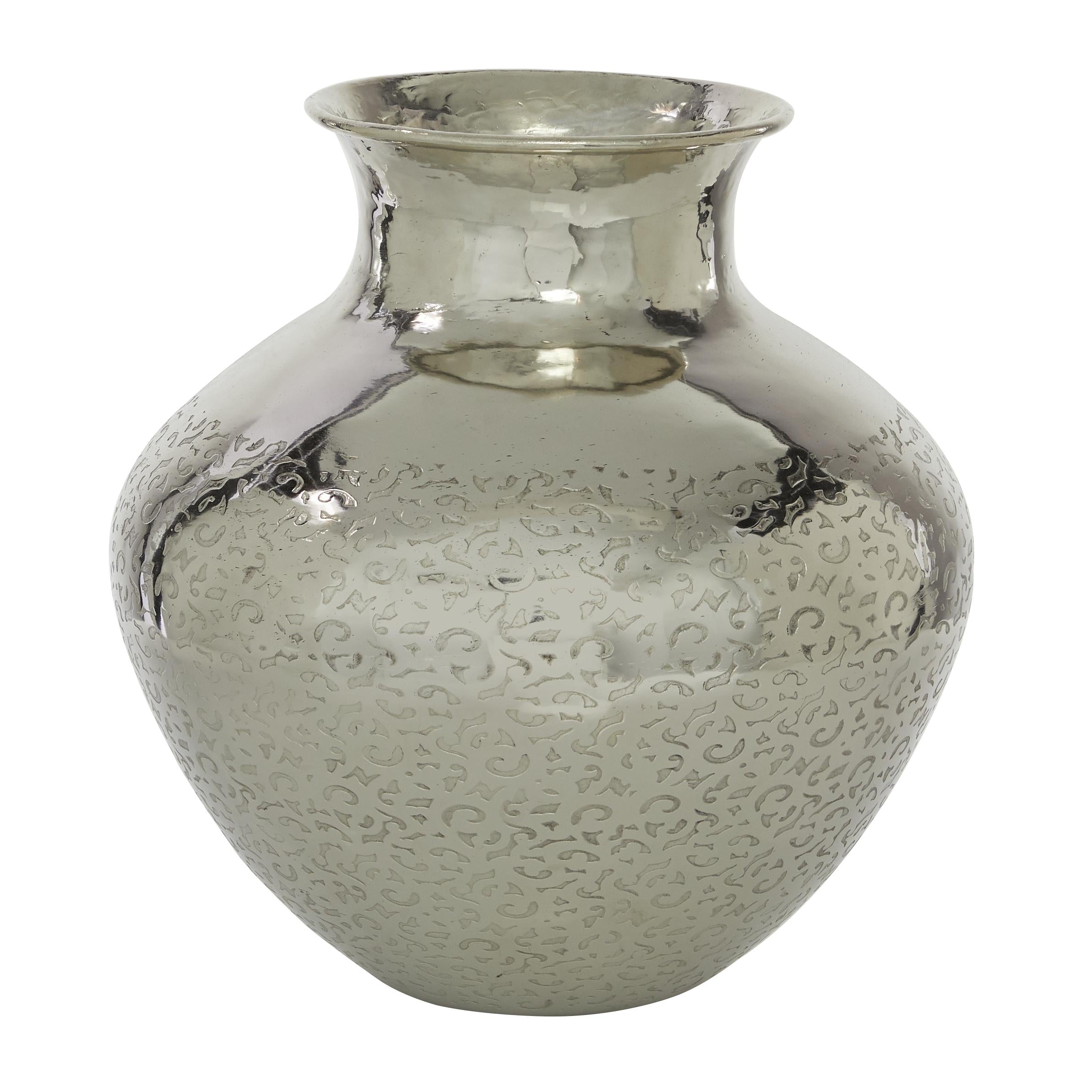 Silver Aluminum Metal Round Engraved Decorative Vase