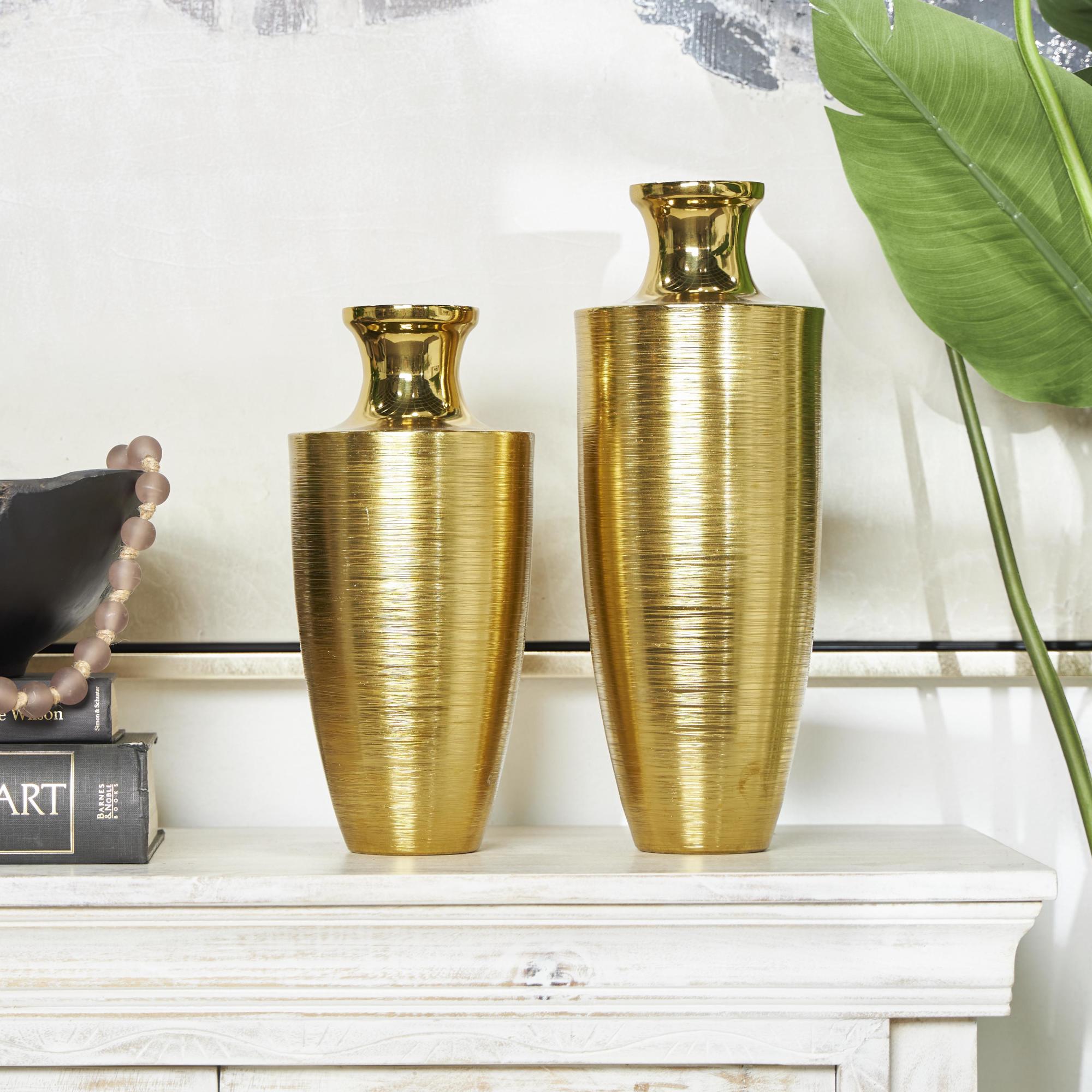 Set of 2 Gold Aluminum Metal Brushed Textured Decorative Vase