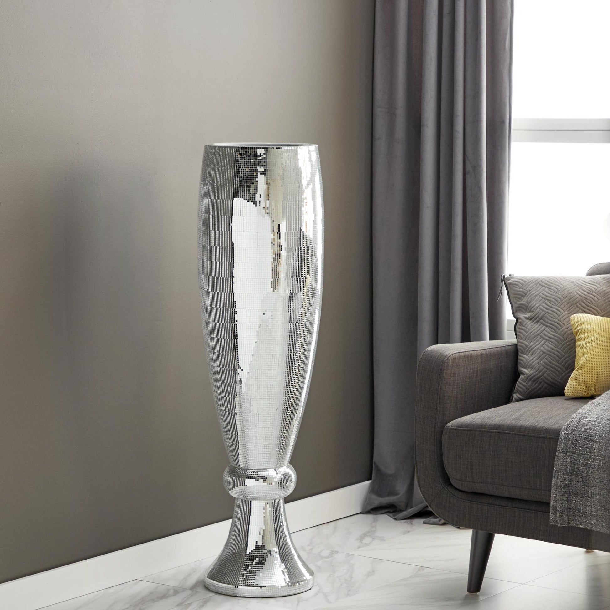 Silver Polystone Tall Champagne Flute Shape Decorative Vase with Mosaic Mirror Inlay
