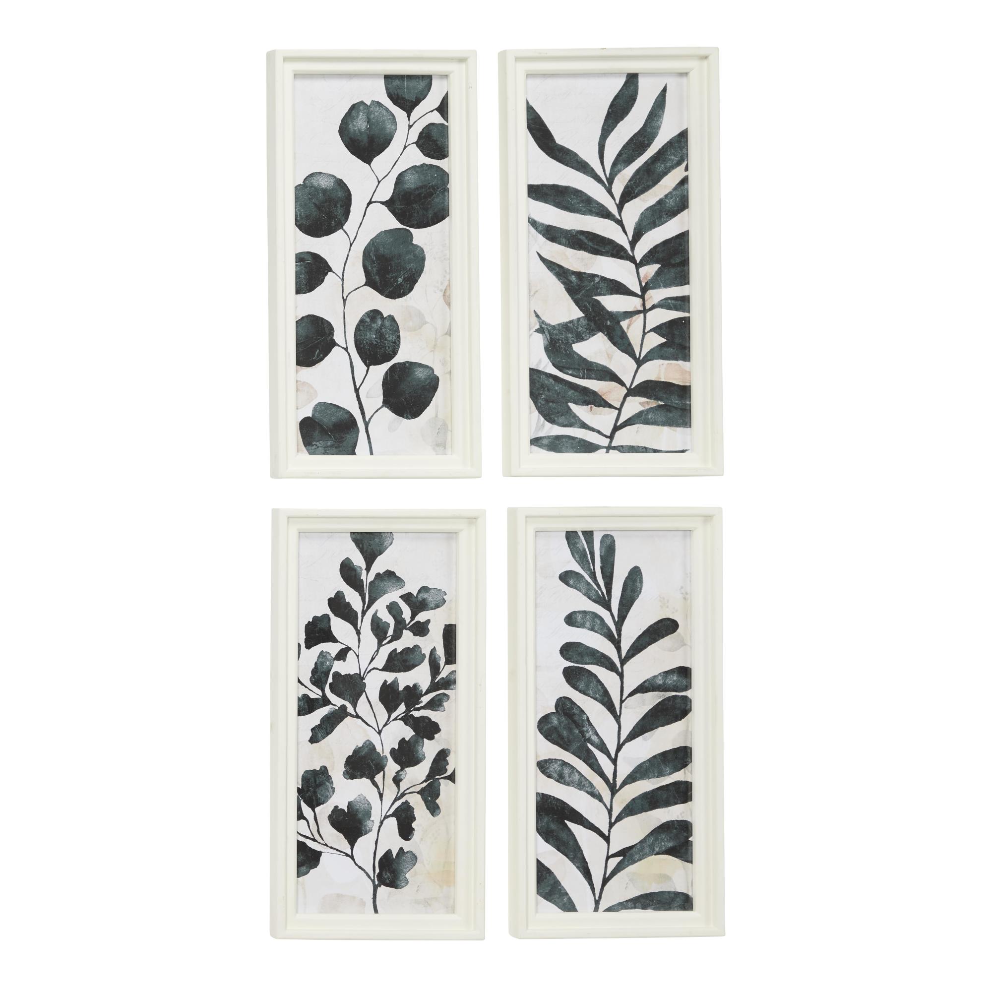 Set of 4 Leaf Green Wood Panel Living Room Framed Wall Art with Cream Frame