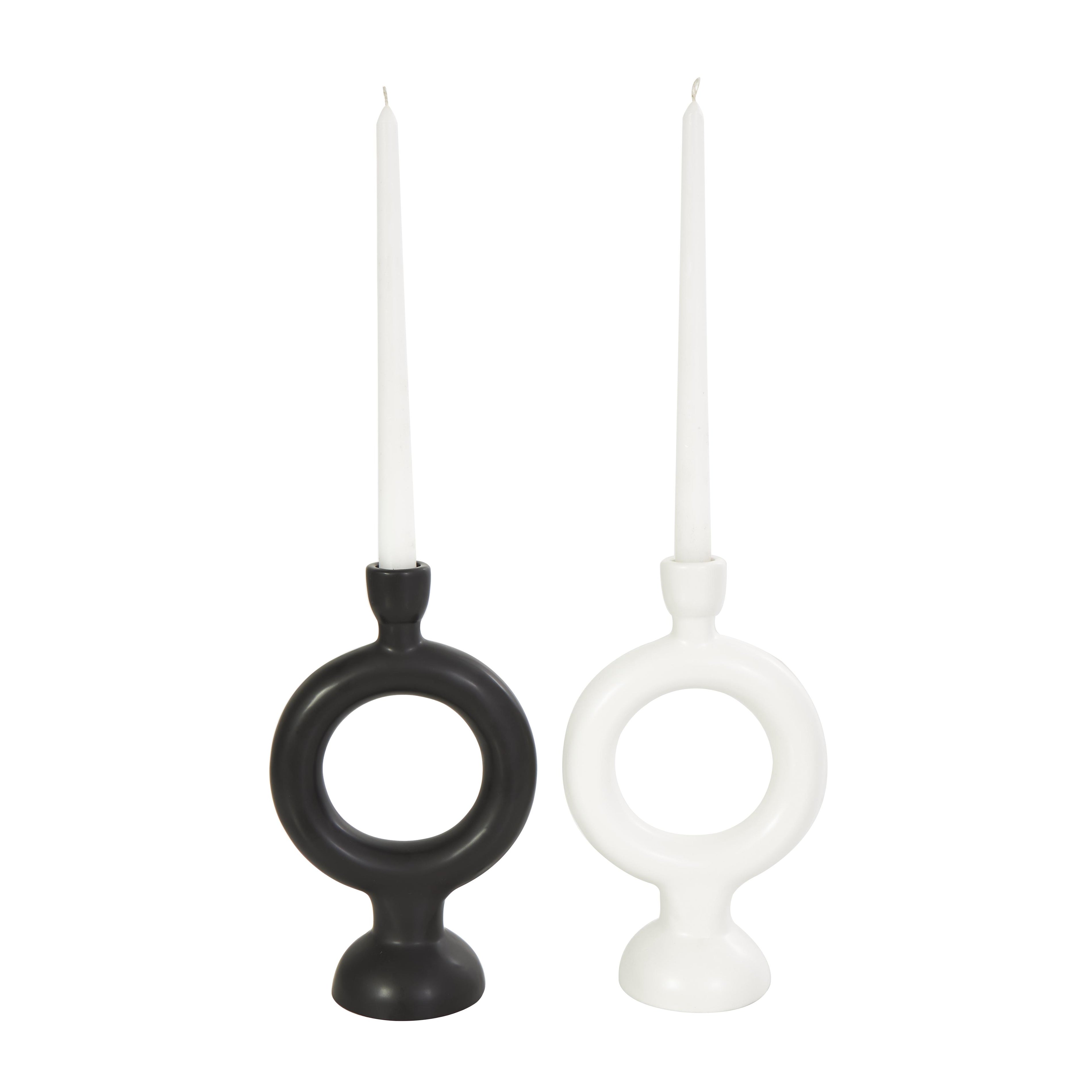 CosmoLiving by Cosmopolitan Set of 2 Geometric Black Ceramic Ring Decorative Candle Holder