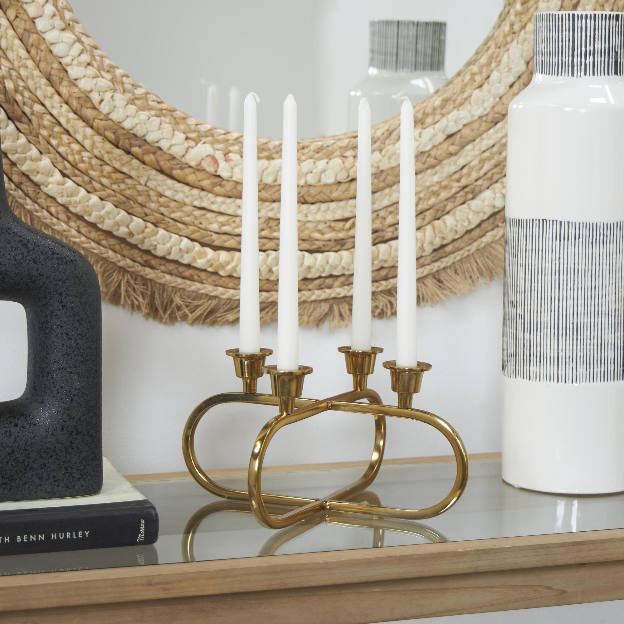 CosmoLiving by Cosmopolitan Geometric Gold Stainless Steel Metal Overlapping Oval Decorative Candelabra