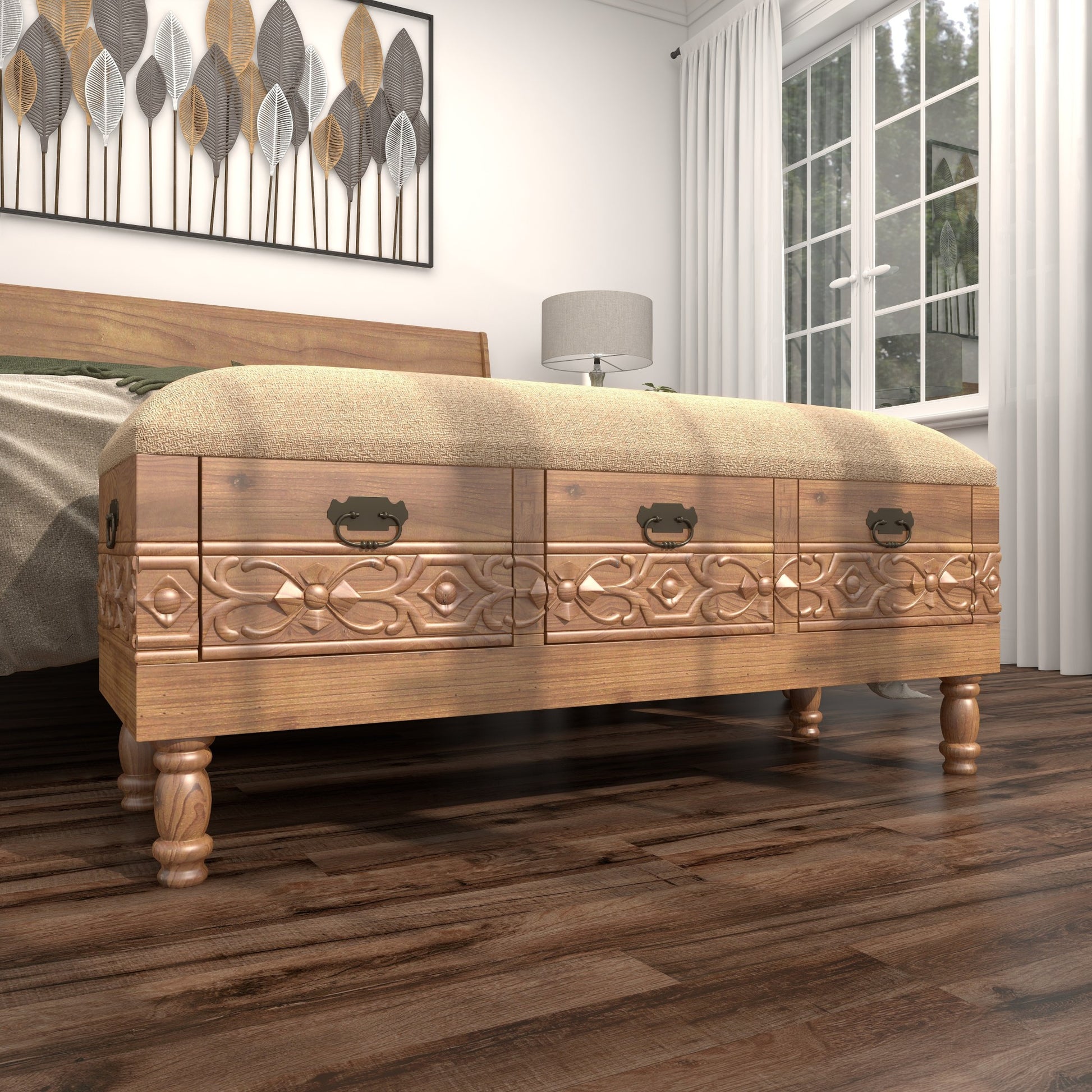 Floral Brown Wood Intricately Carved Room Storage Bench with Cream Burlap Top