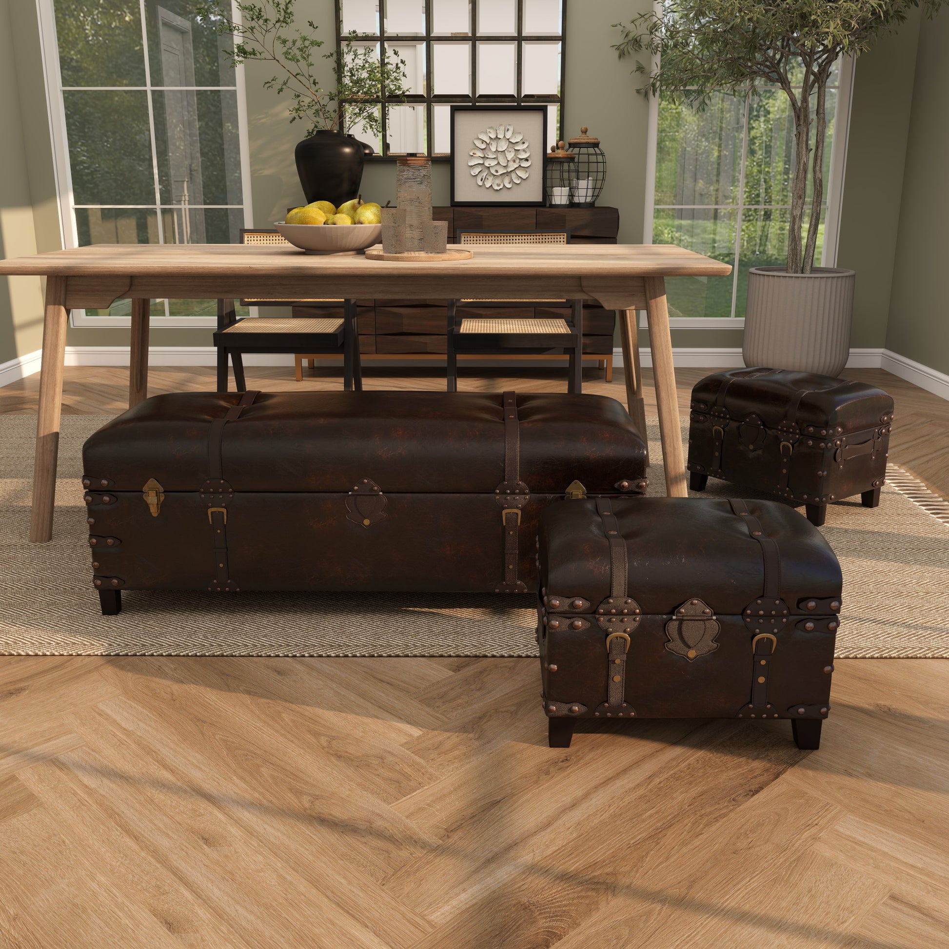 Set of 3 Brown Faux Leather Vintage Room Storage Bench with Faux Leather Buckle Straps and Stud Details