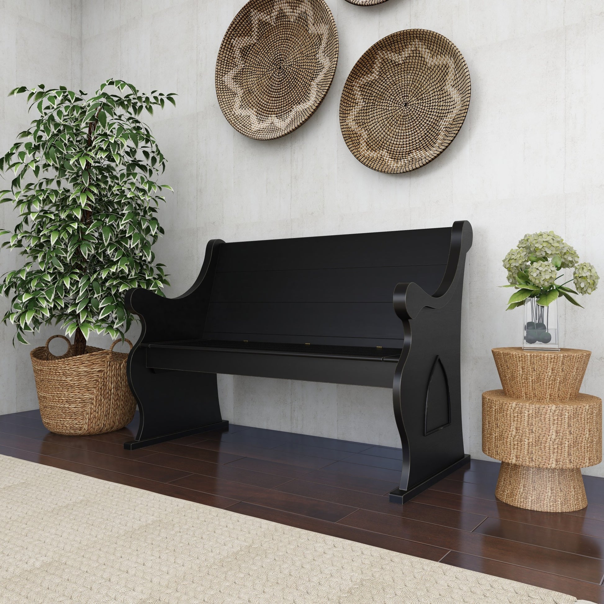 Black Wood Room Storage Bench with Scrolled Armrests