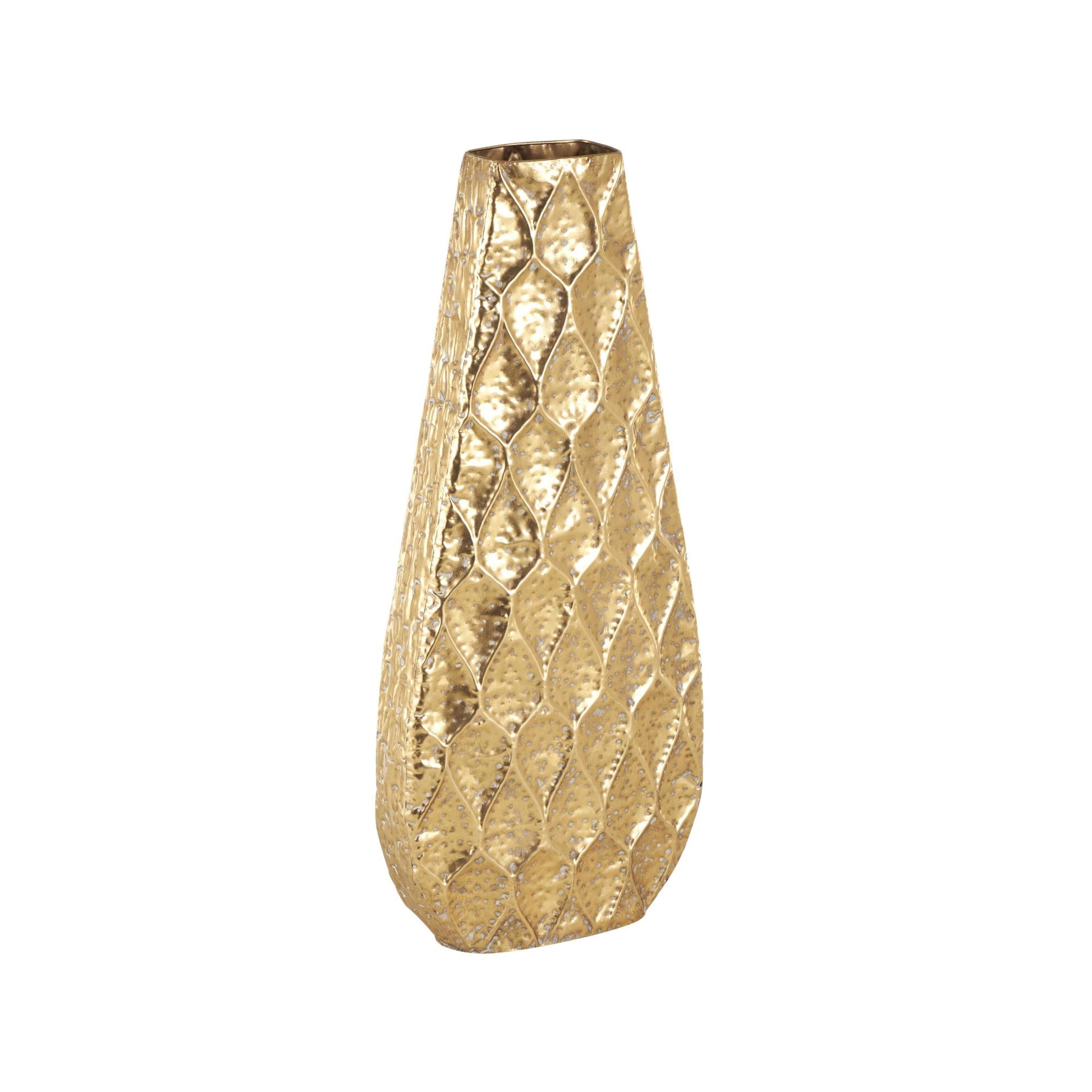 Gold Metal Textured Concaved Teardrop Decorative Vase with Peacock Inspired Design