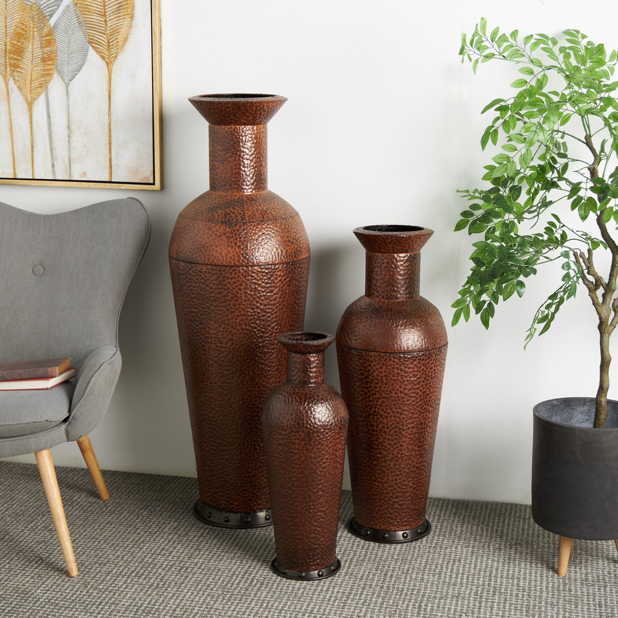 Set of 3 Dark Brown Metal Indoor Outdoor Tall Floor Bottleneck Decorative Vase with Bubble Texture and Studs