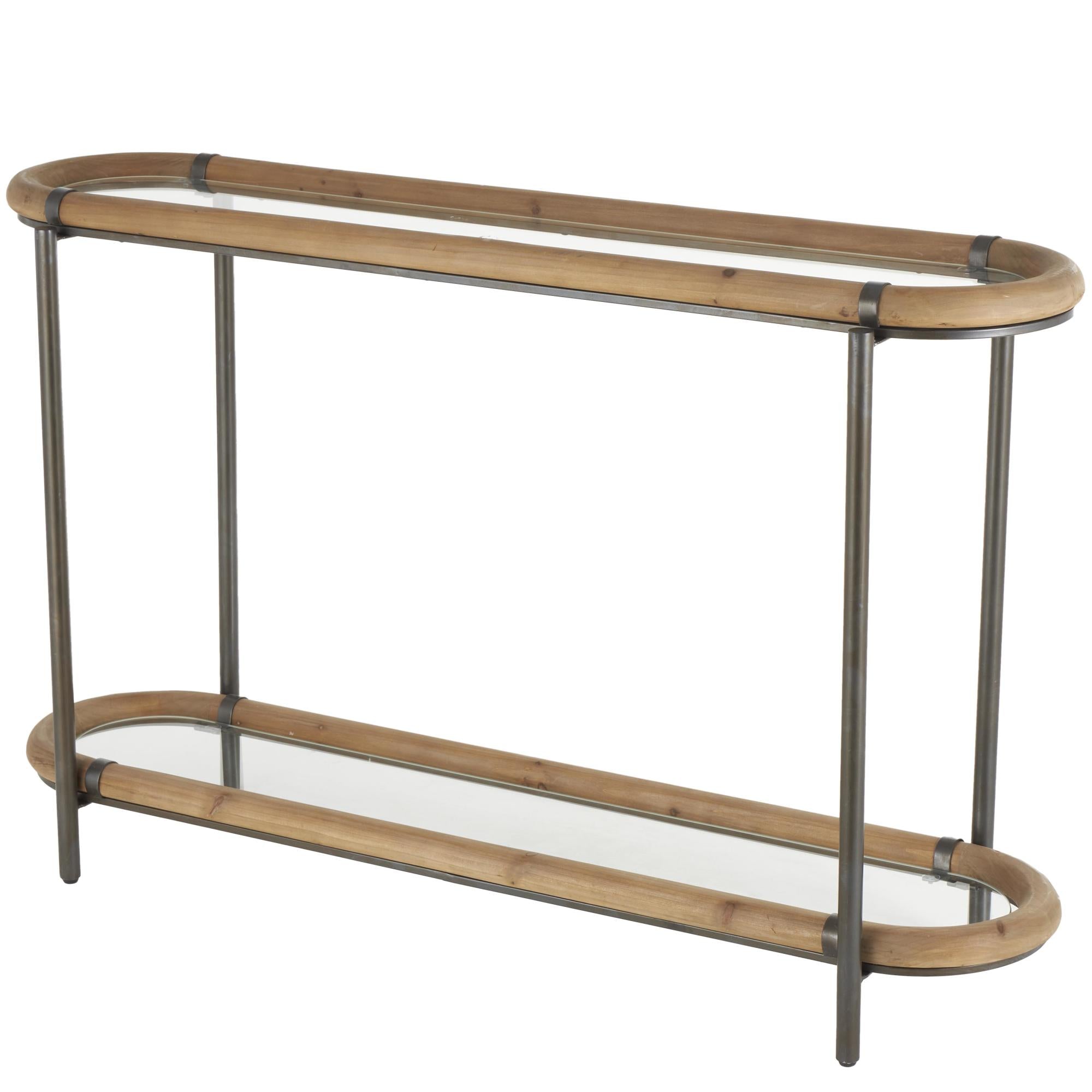 Brass Metal Oval Living Room Console Table with Brown Wooden Framed Glass Tabletop
