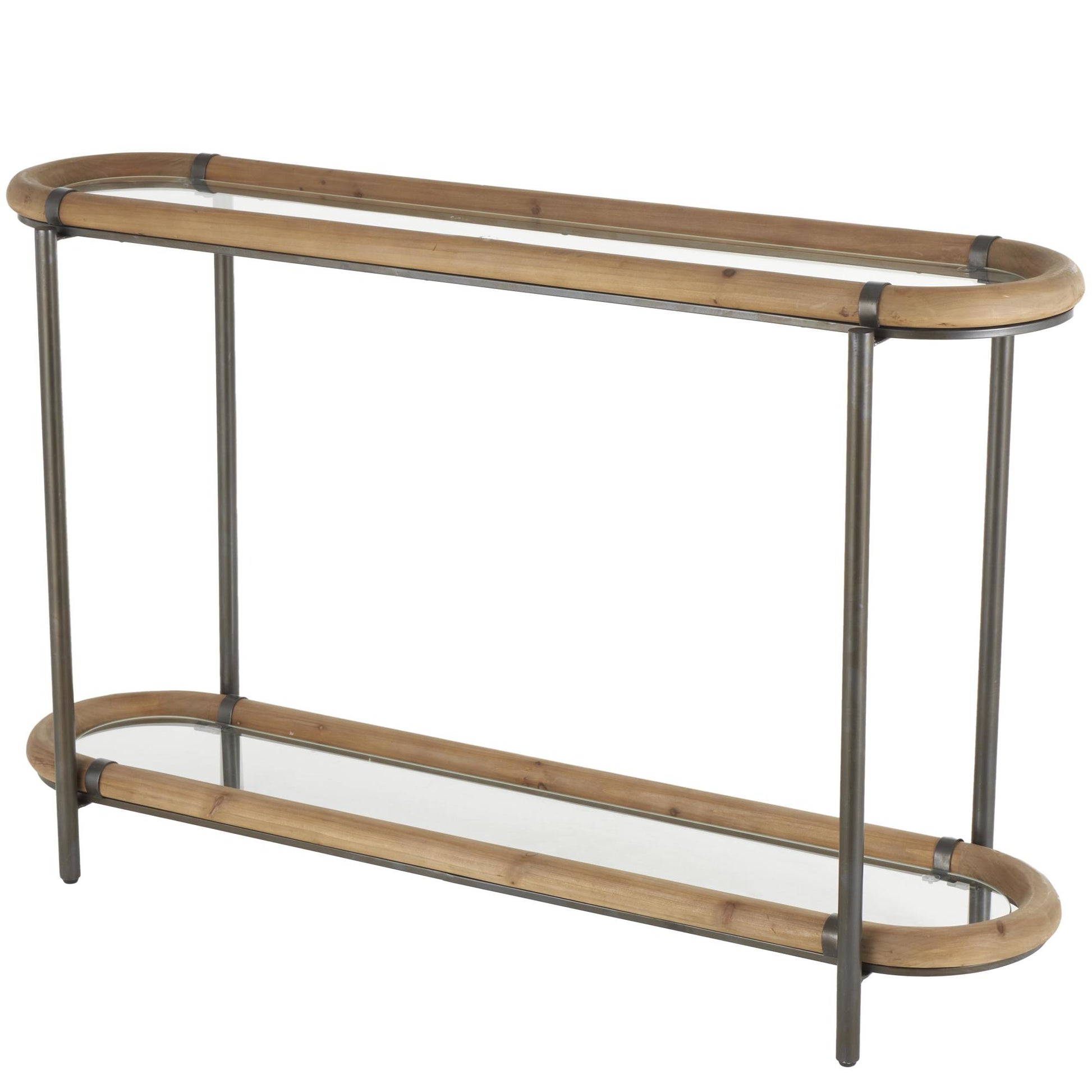 Brass Metal Oval Living Room Console Table with Brown Wooden Framed Glass Tabletop
