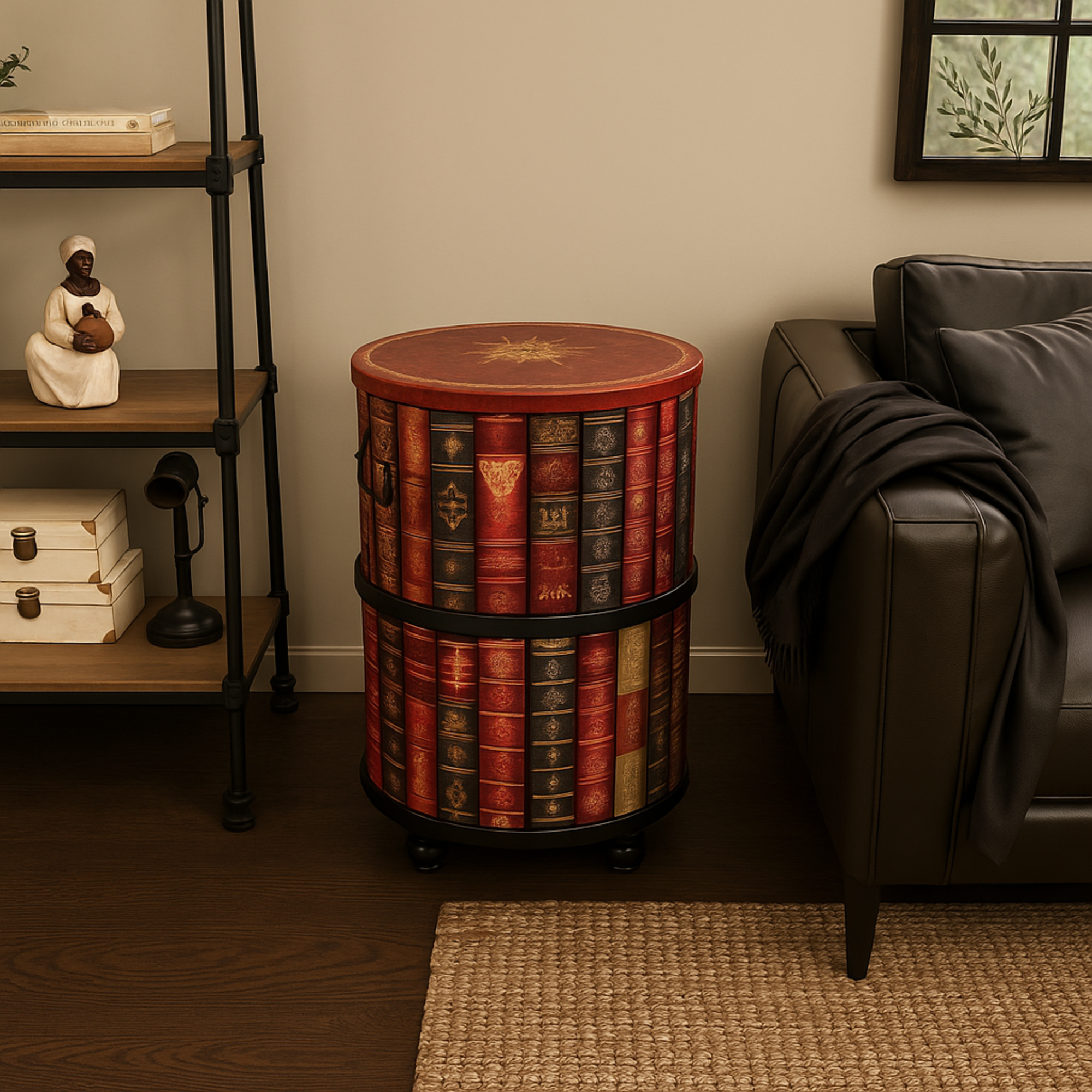 Red Faux Leather Circular Storage 2 Door Room Cabinet with Stacked Book Design and Scroll Details