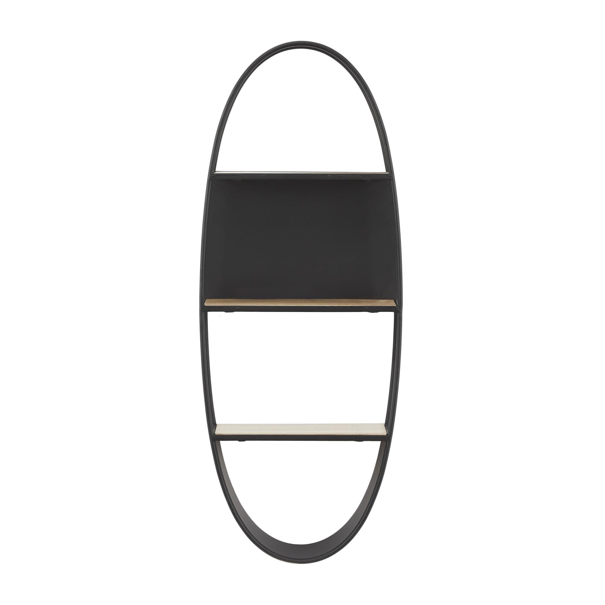 Black Metal Oval 2 Shelf Room Wall Shelf with Wood Accents
