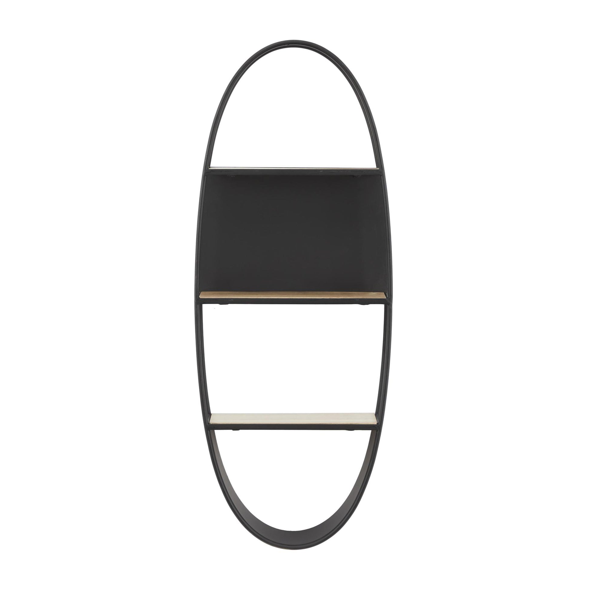 Black Metal Oval 2 Shelf Room Wall Shelf with Wood Accents