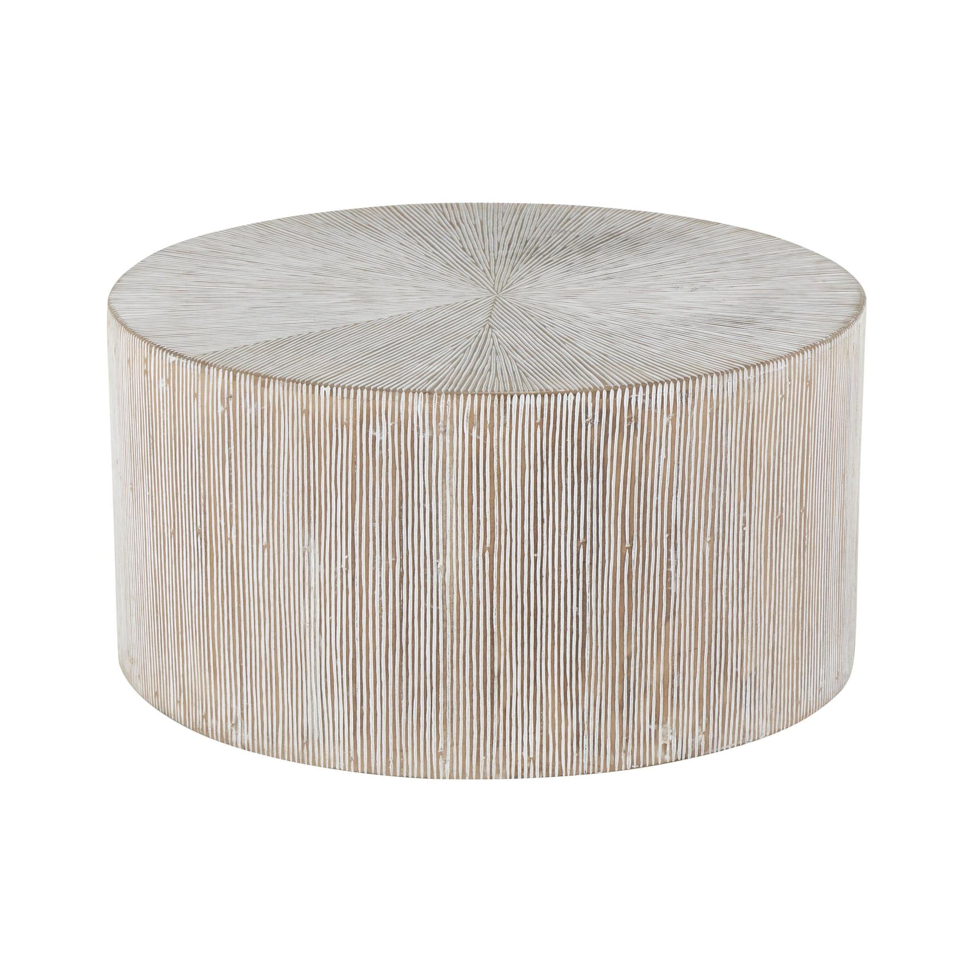 Starburst Brown Wooden Drum Living Room Coffee Table with White Accents