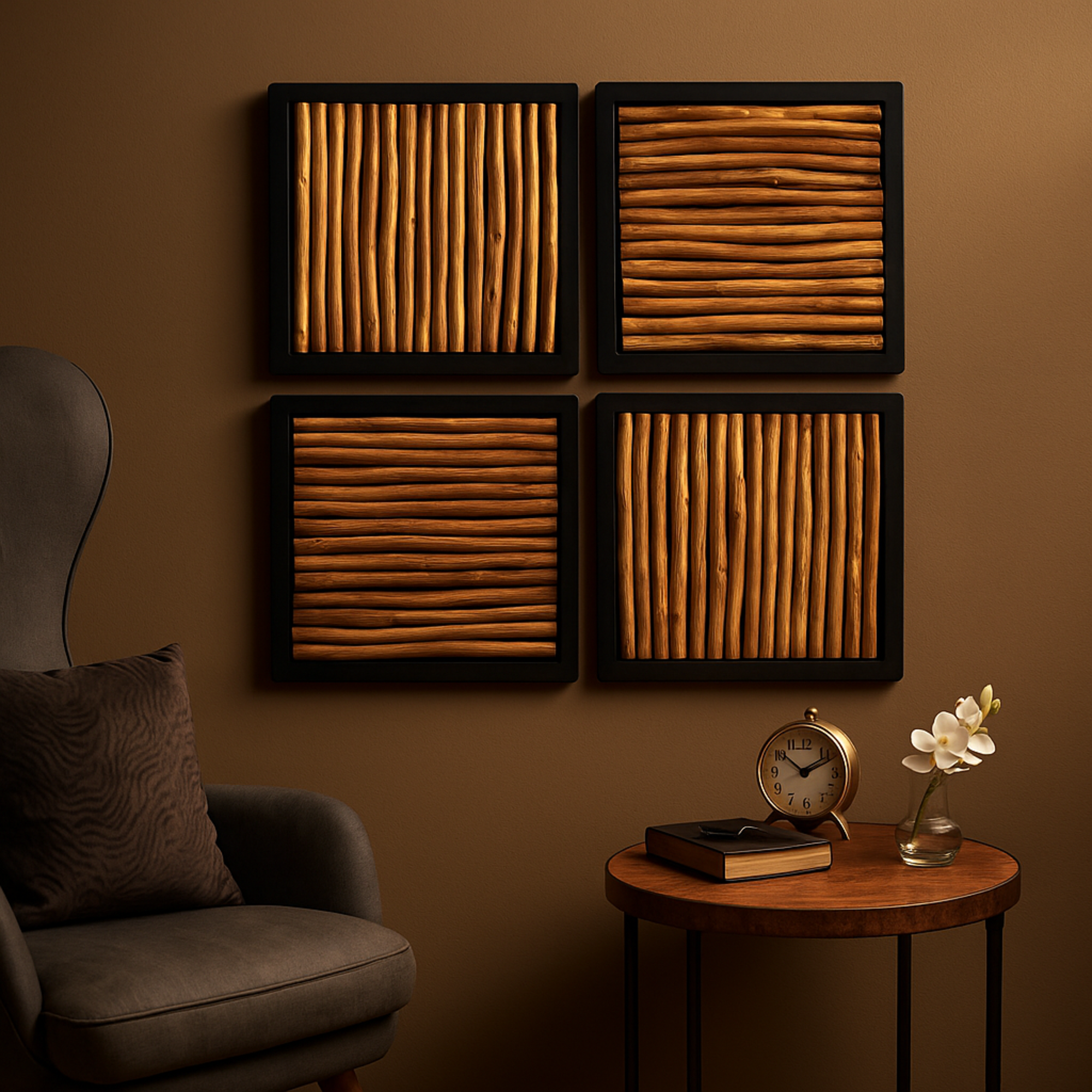 Set of 4 Abstract Brown Teak Wood Handmade Home Wall Decor with Horizontal Sticks and Black Frames
