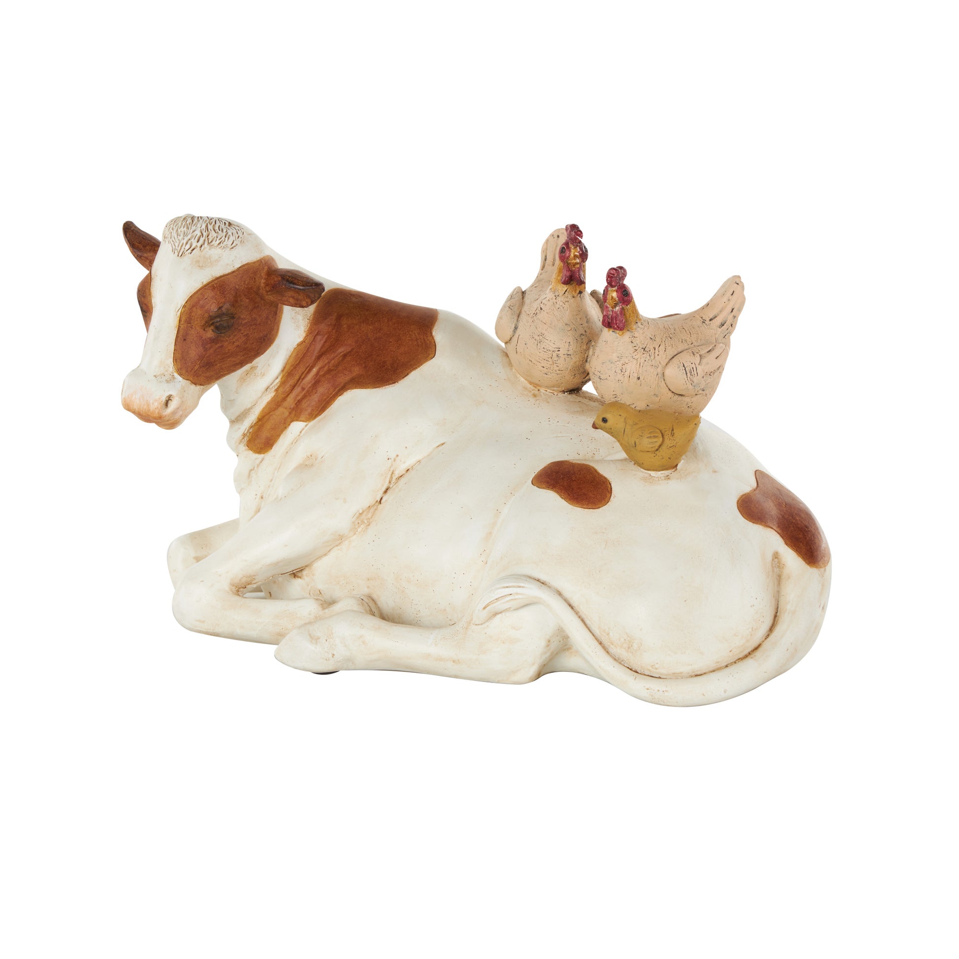Cow Polystone Sleeping Decorative Sculpture with Sitting Roosters and Chicks 11" x 6" x 6"