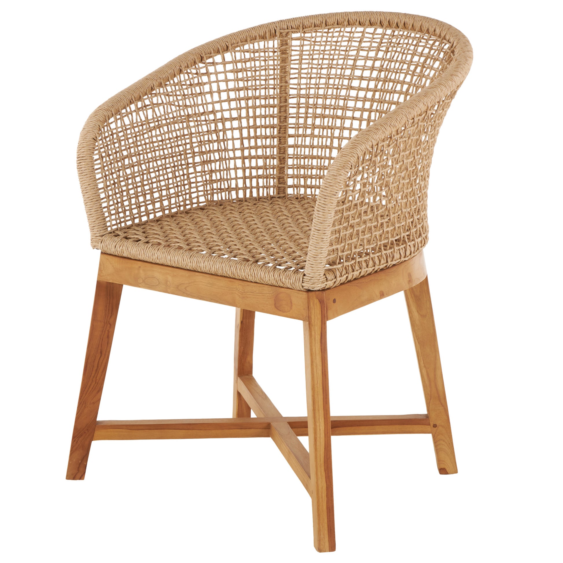 Light Brown Plastic Rattan Handmade Woven Rounded Living Room Accent Chair with Teak Frame