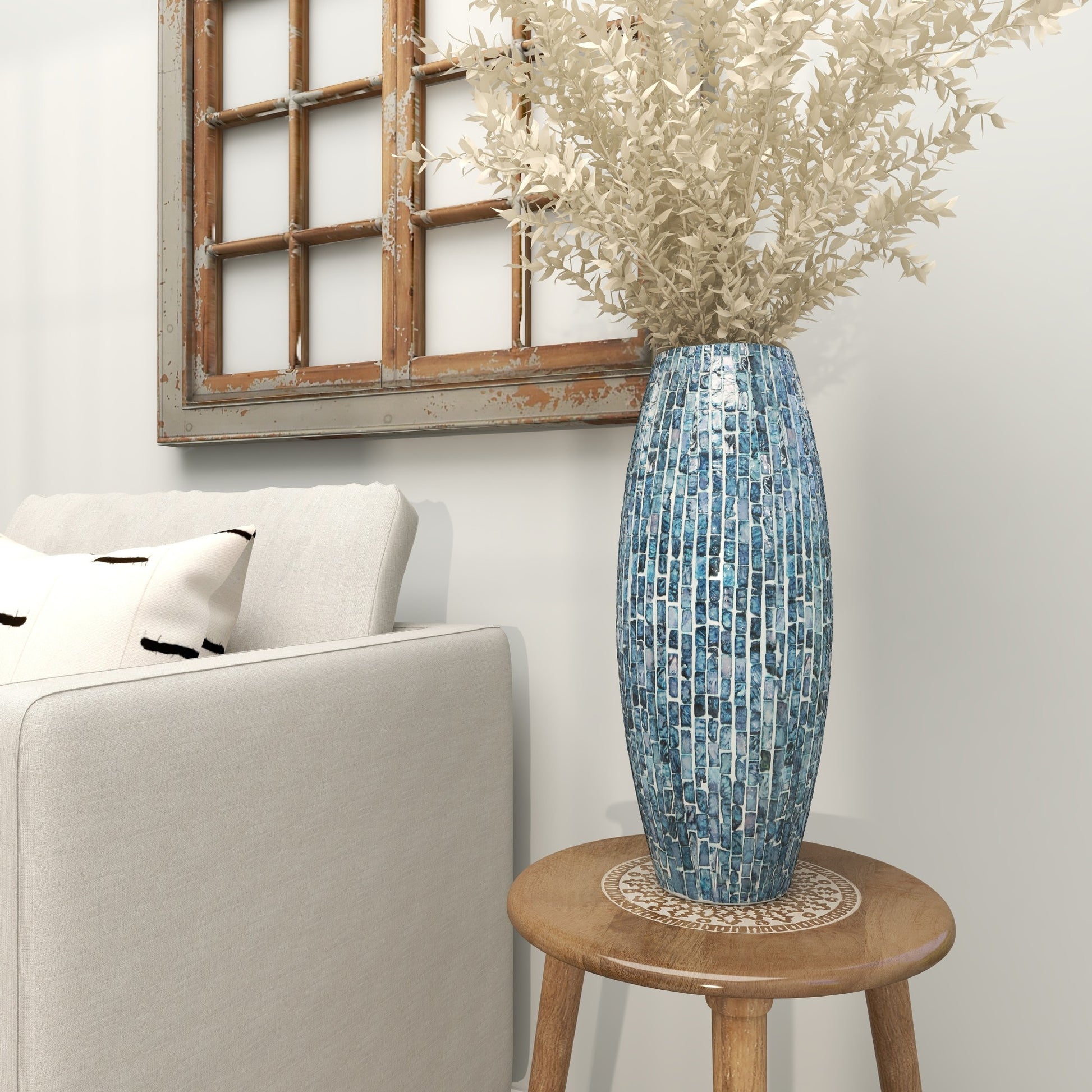 Blue Mother of Pearl Shell Handmade Mosaic Inspired Decorative Vase