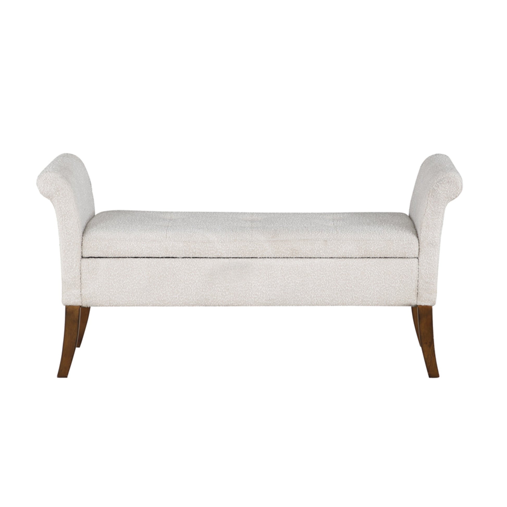 White Fabric Boucle Room Storage Bench with Flared Brown Wooden Legs
