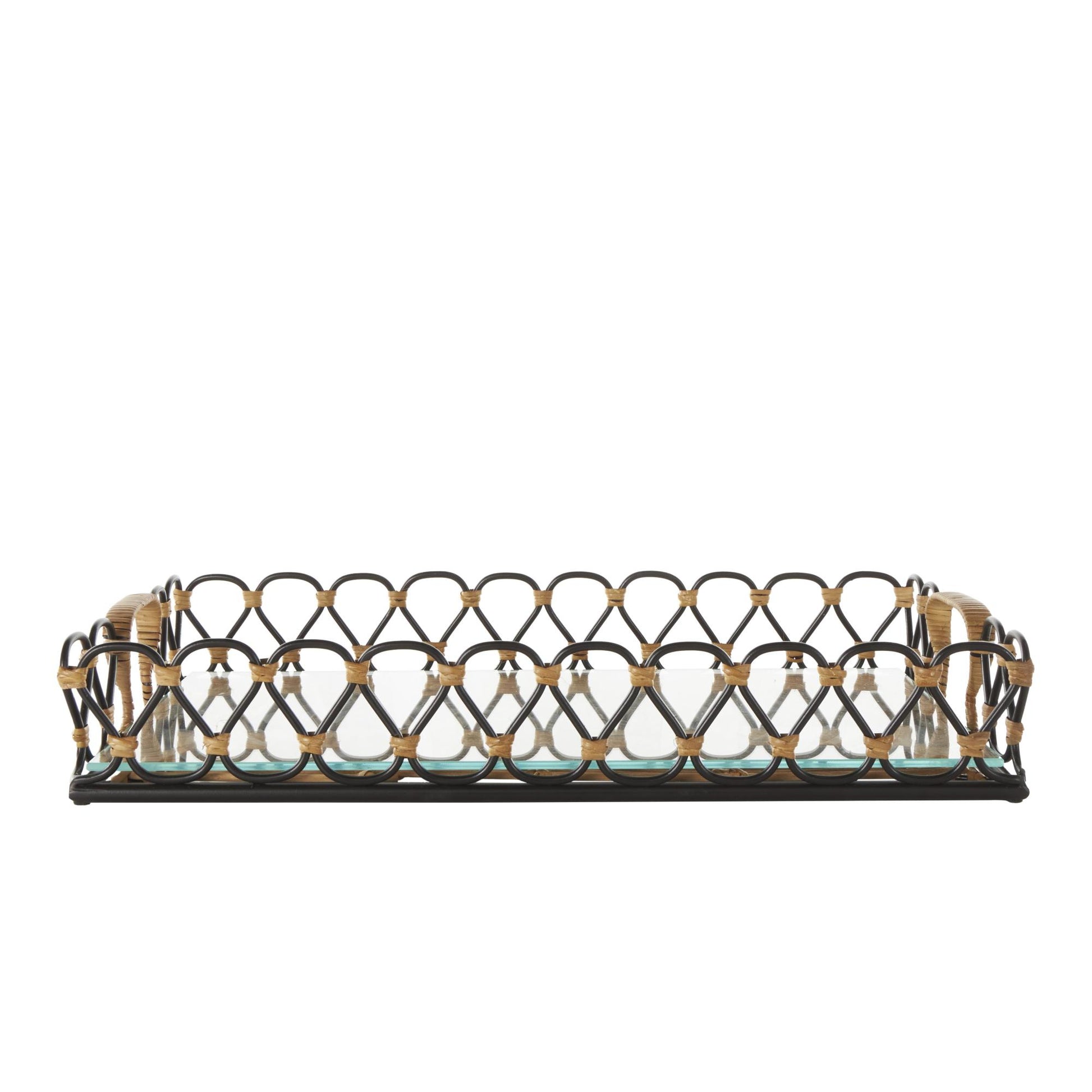 Black Metal Circular Woven Living Room Decor Tray with Glass Base