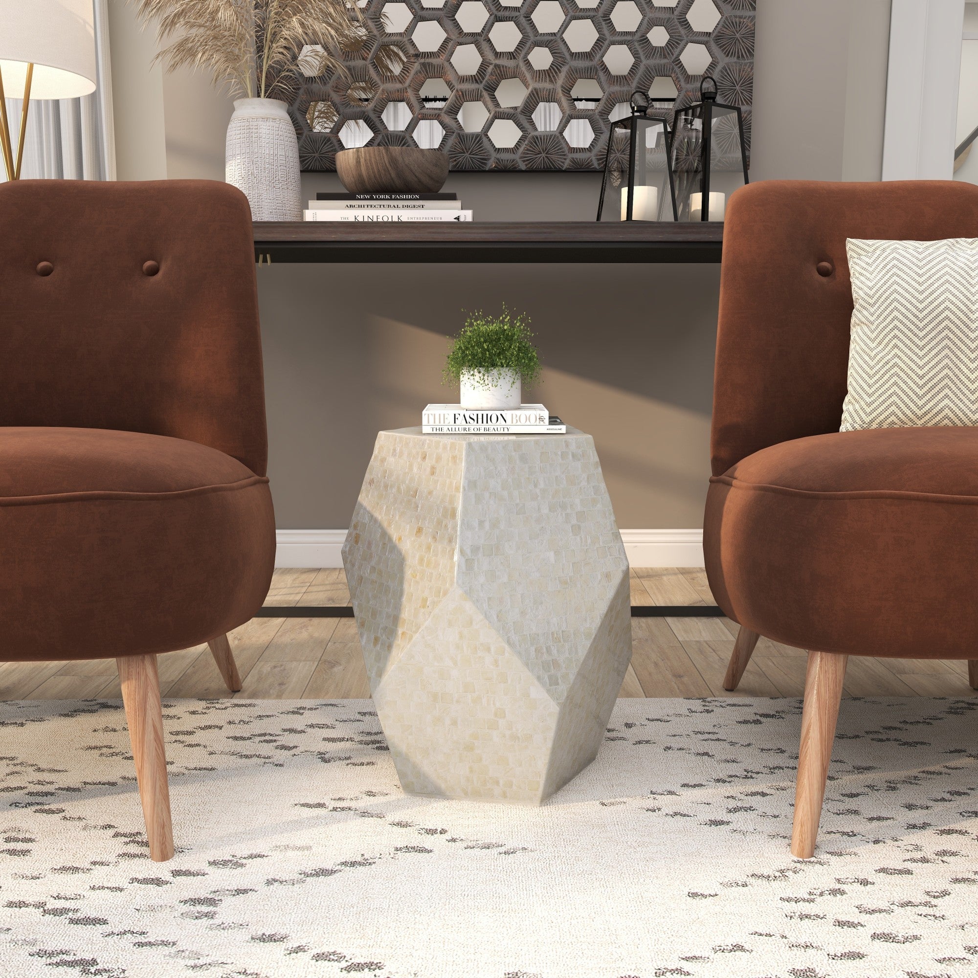 Geometric Mother of Pearl Shell Handmade Mosaic Inlay Side End Accent Table