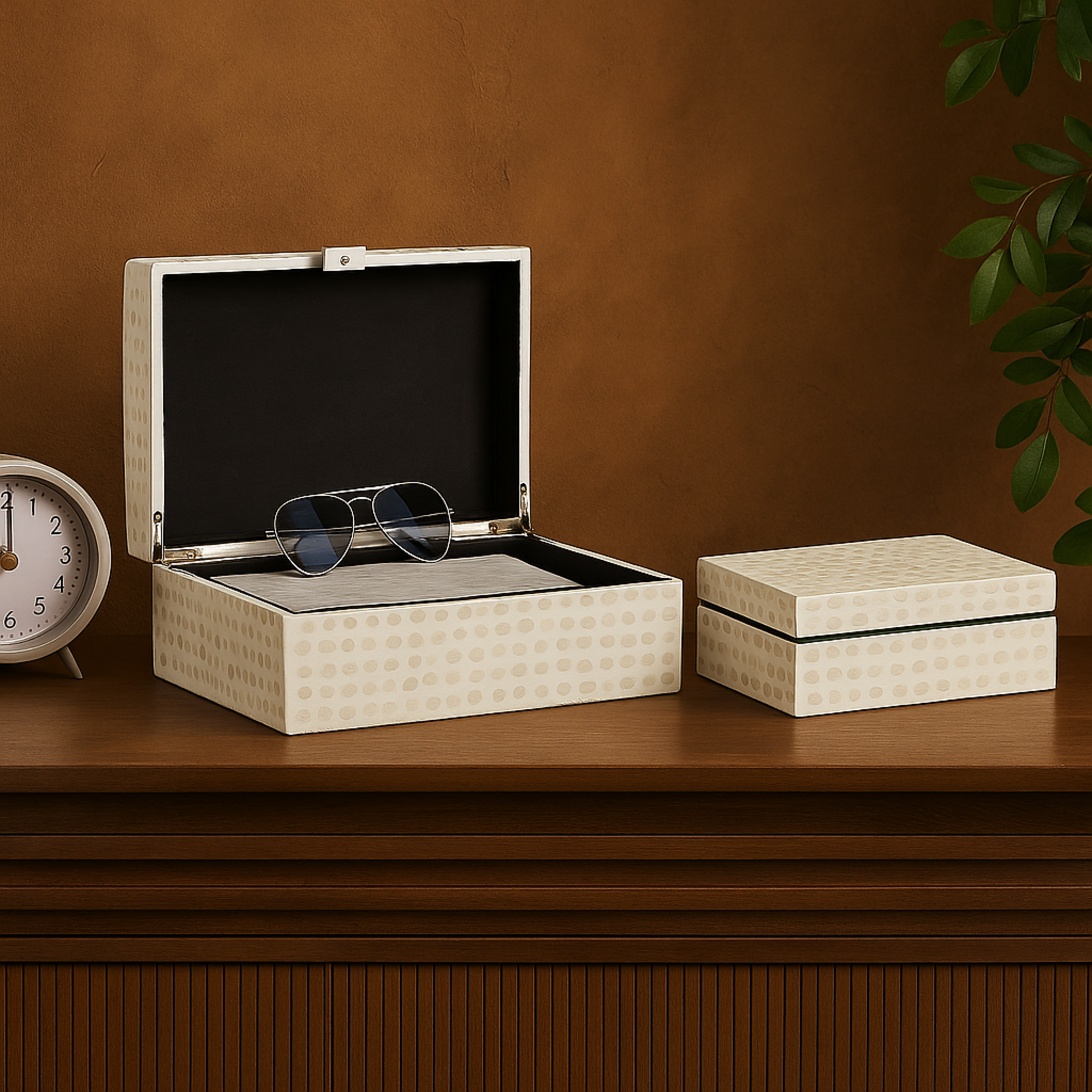 Set of 2 Geometric Cream Mother of Pearl Shell Handmade Mosaic Dot Storage Decorative Box with Brown Accents