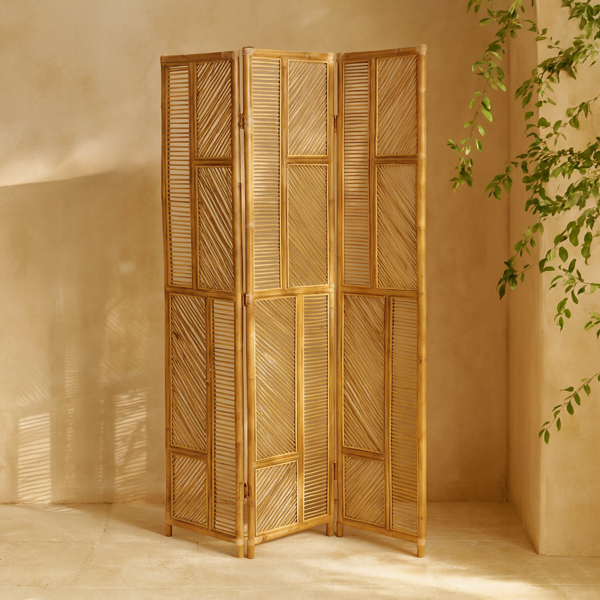 Geometric Brown Wood Hinged Foldable Partition 3 Panel Partition Room Divider Screen
