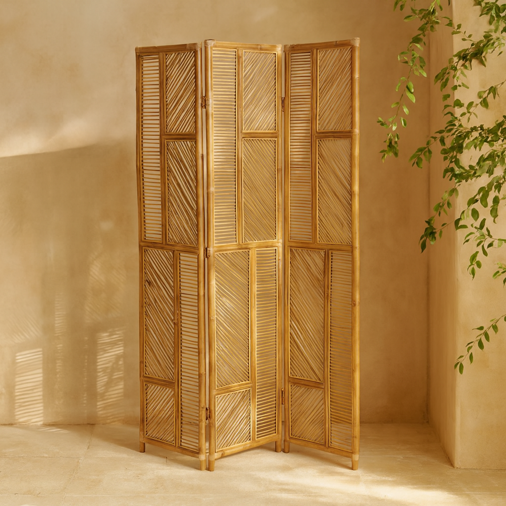Geometric Brown Wood Hinged Foldable Partition 3 Panel Partition Room Divider Screen