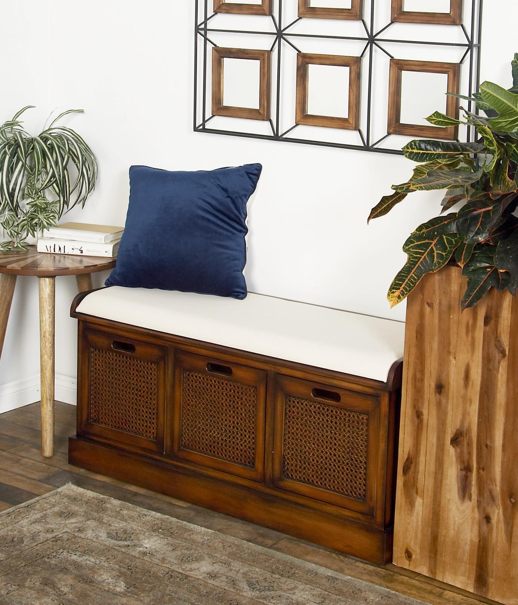 Brown Wood Room Storage Bench with Upholstered Seat