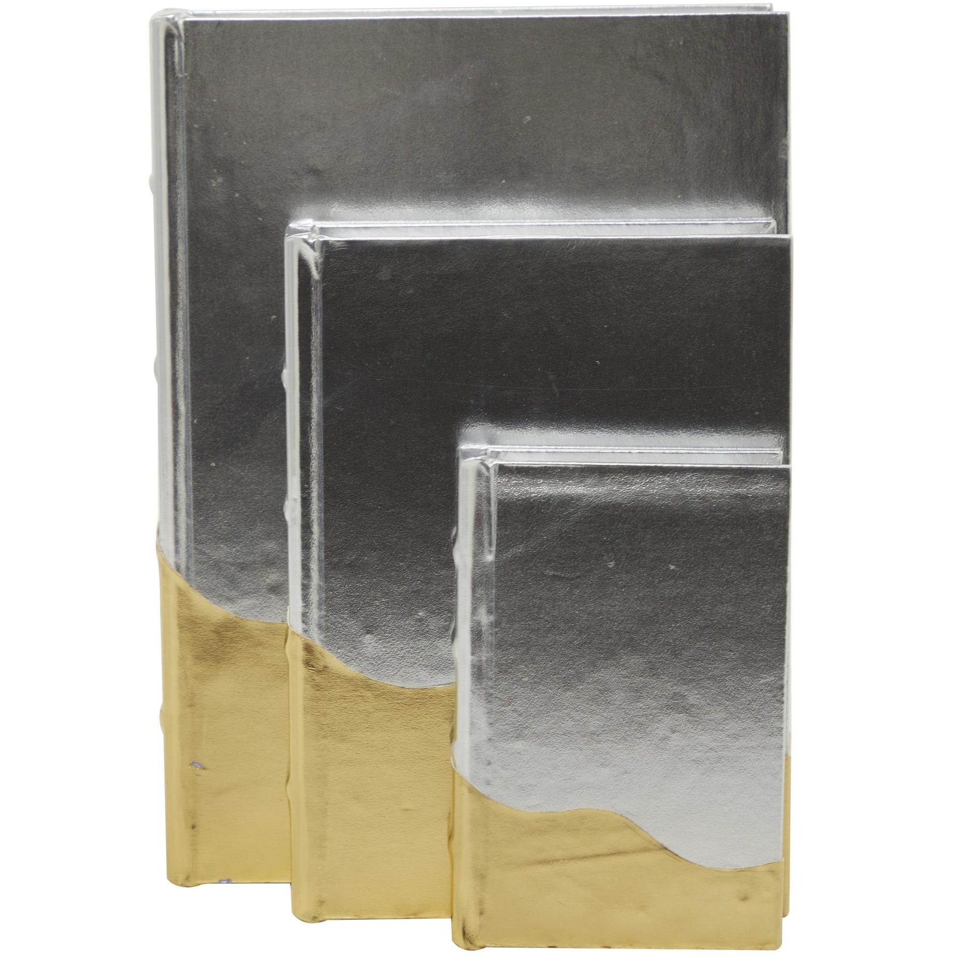 CosmoLiving by Cosmopolitan Set of 3 Silver Faux Leather Metallic Faux Book Storage Decorative Box with Wavy Gold Design