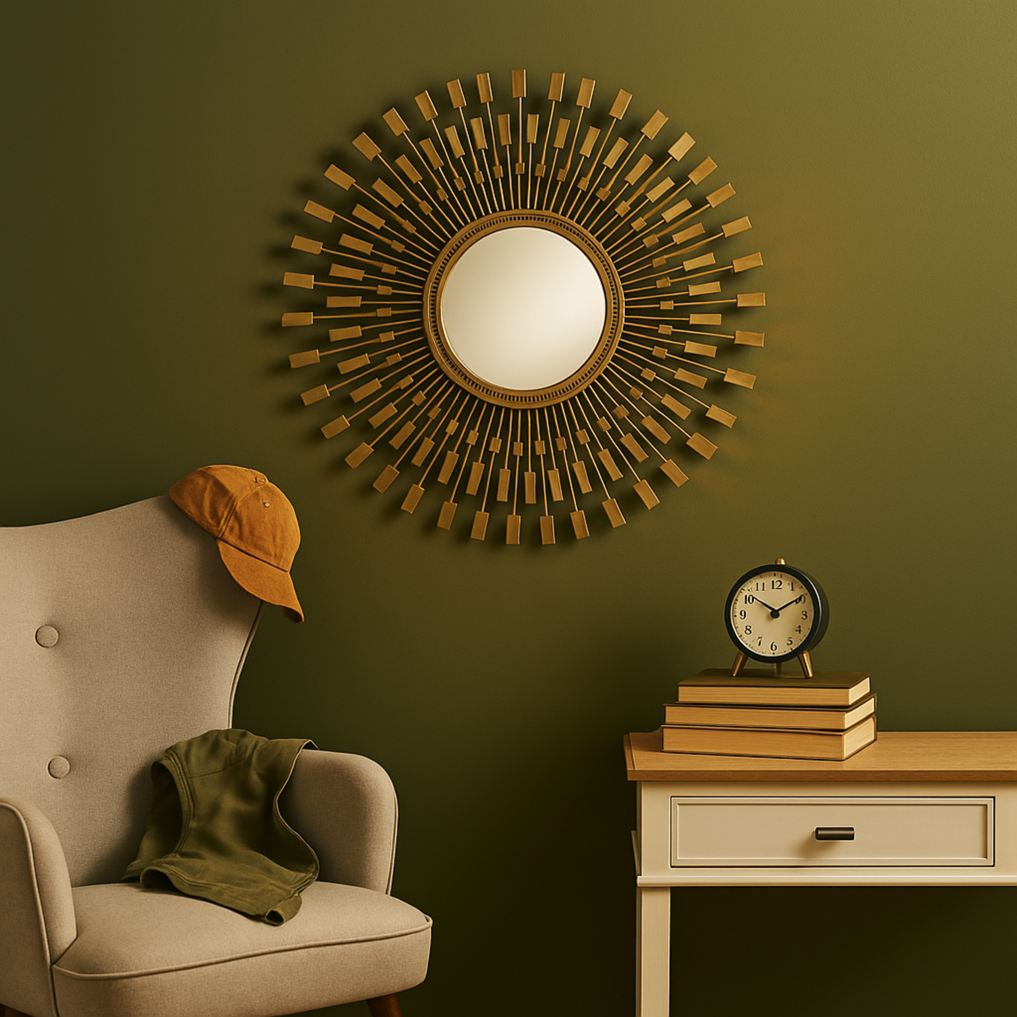 Starburst Gold Metal Wire Room Wall Mirror with Rectangular Tiles