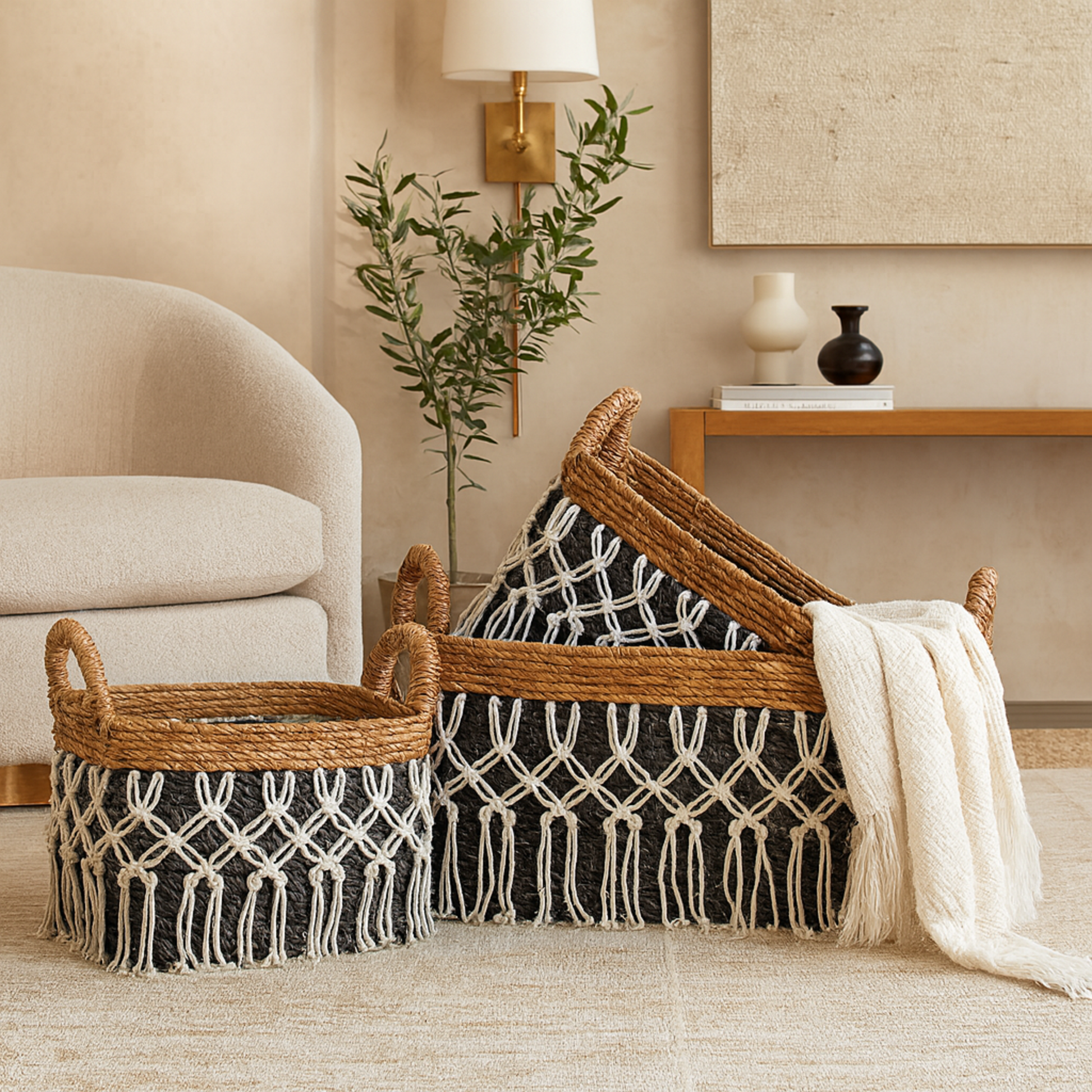 Set of 3 Black Banana Leaf Handmade Decorative and Functional Storage Basket