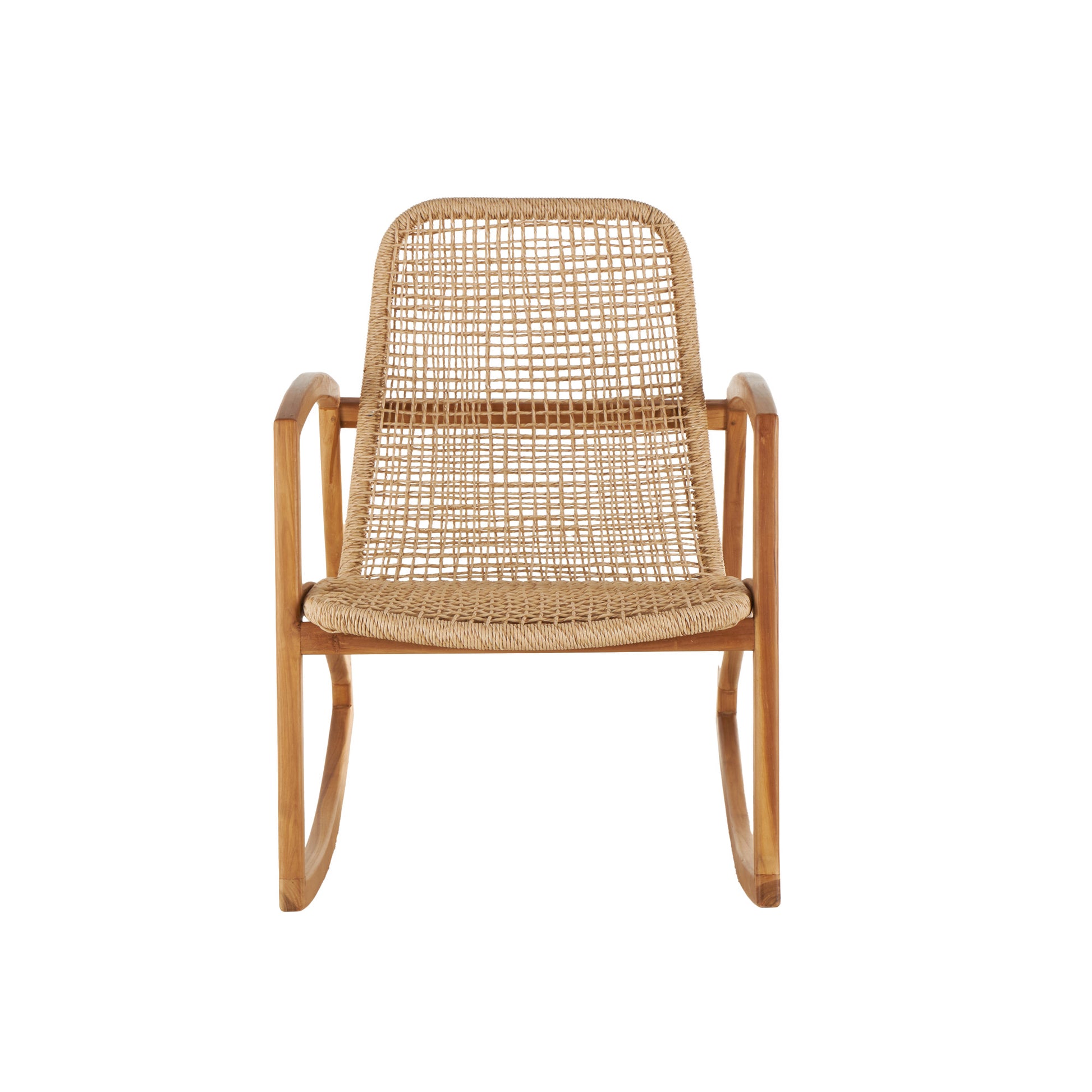 Light Brown Plastic Rattan Handmade Woven Rectangular Living Room Accent Chair with Teak Frame