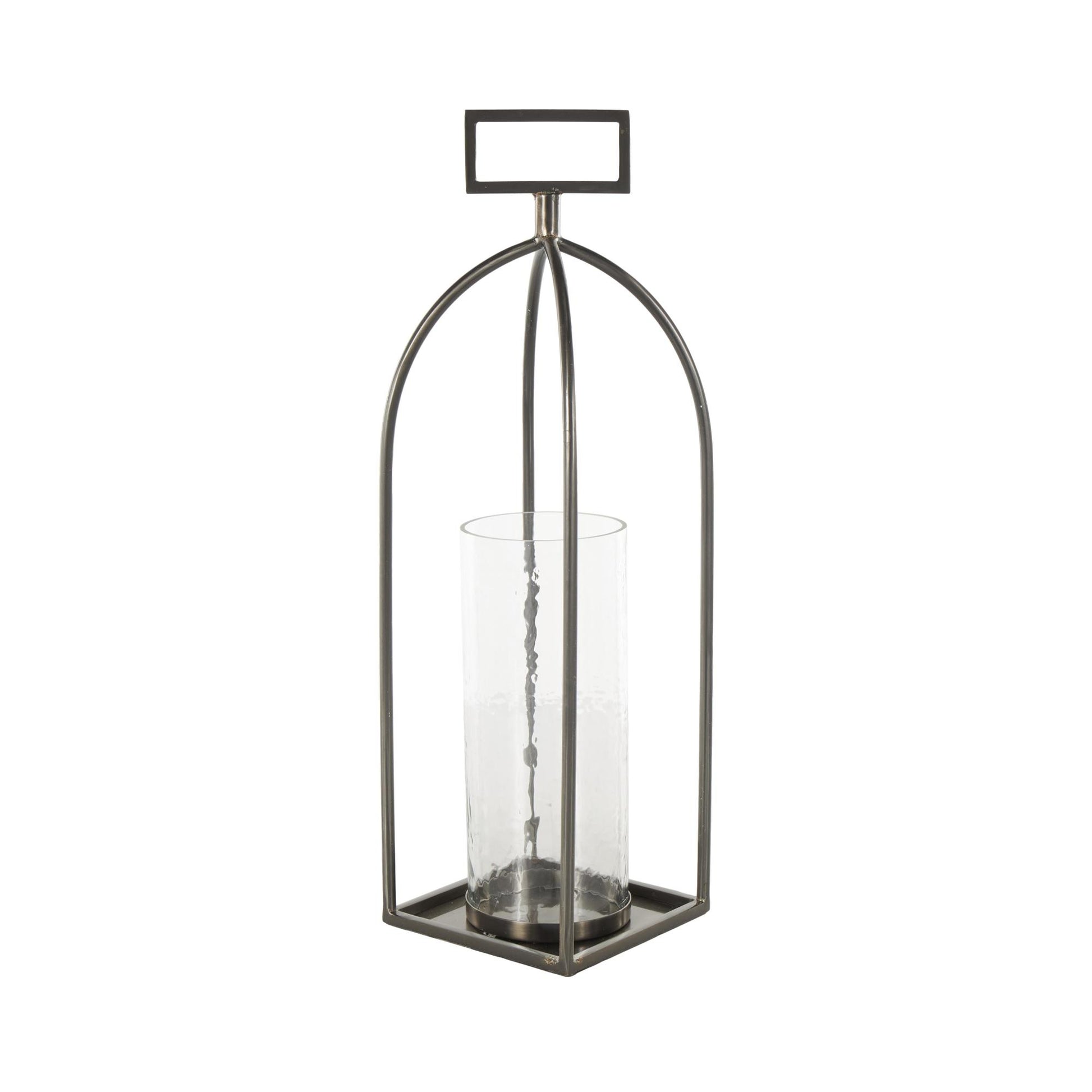 Silver Metal Open Frame Indoor Outdoor Candle Lantern with Rectangle Handles