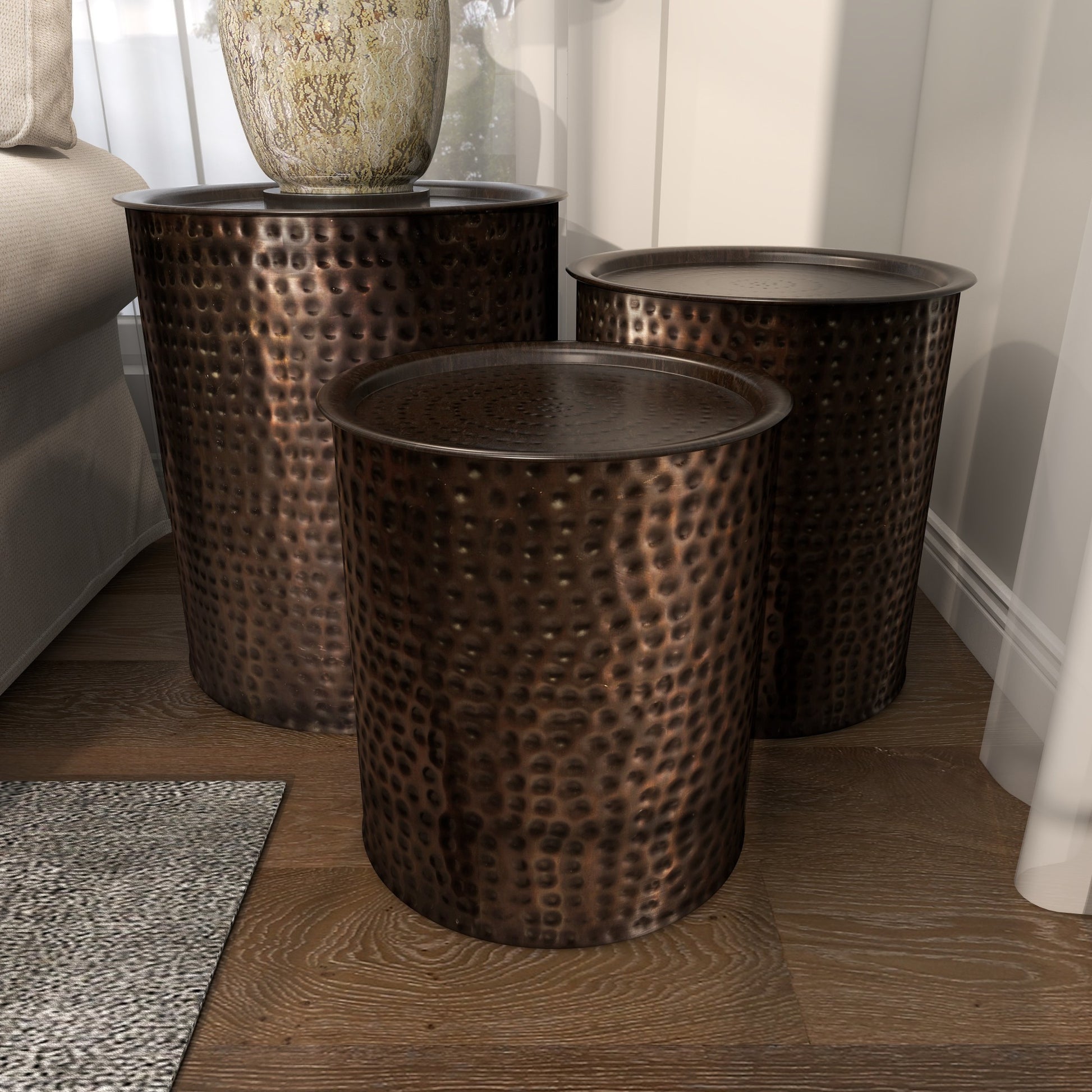 Set of 3 Drum Bronze Metal Handmade Side End Accent Table with Hammered Design