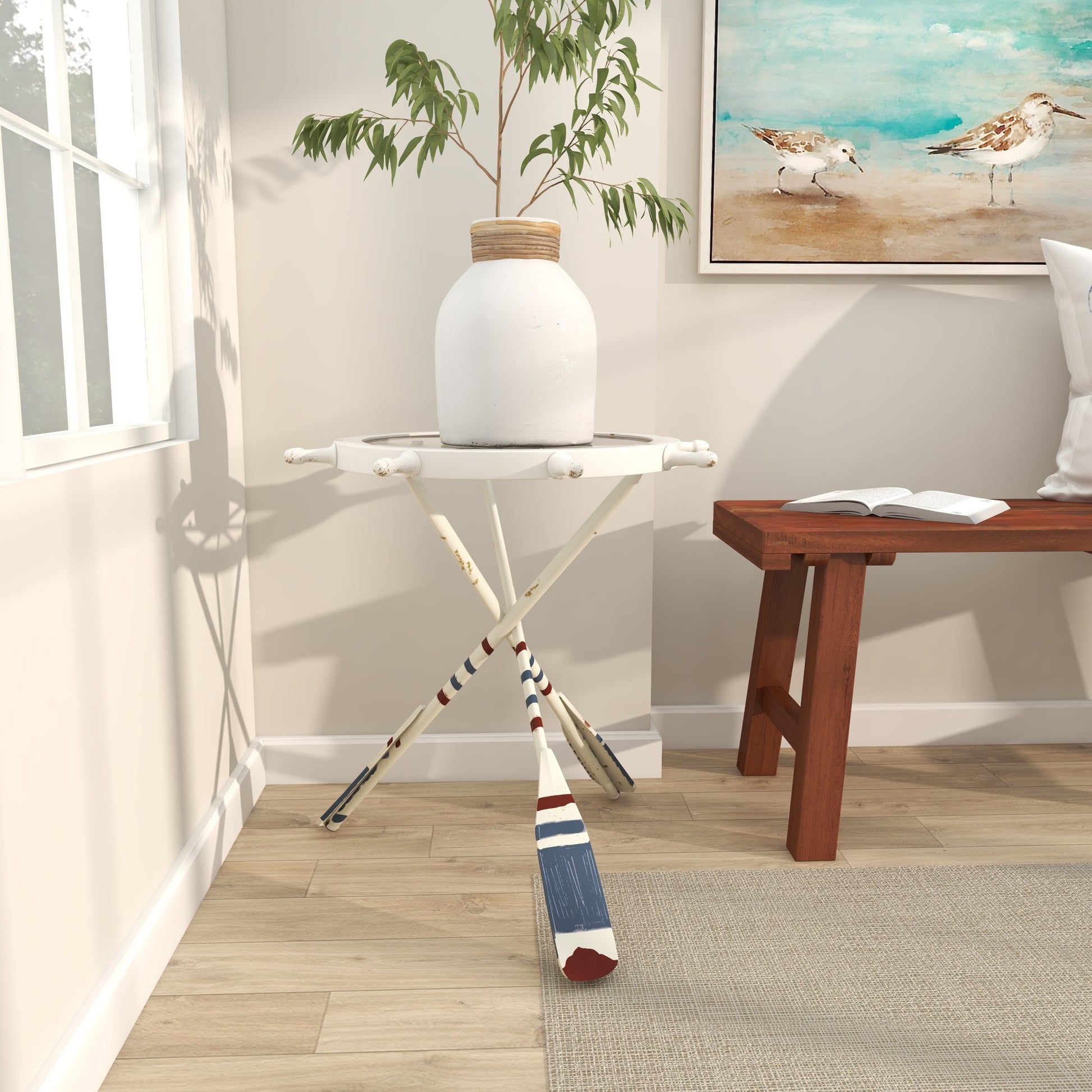 Ship Wheel White Metal Top Side End Accent Table with Oar Shaped Legs