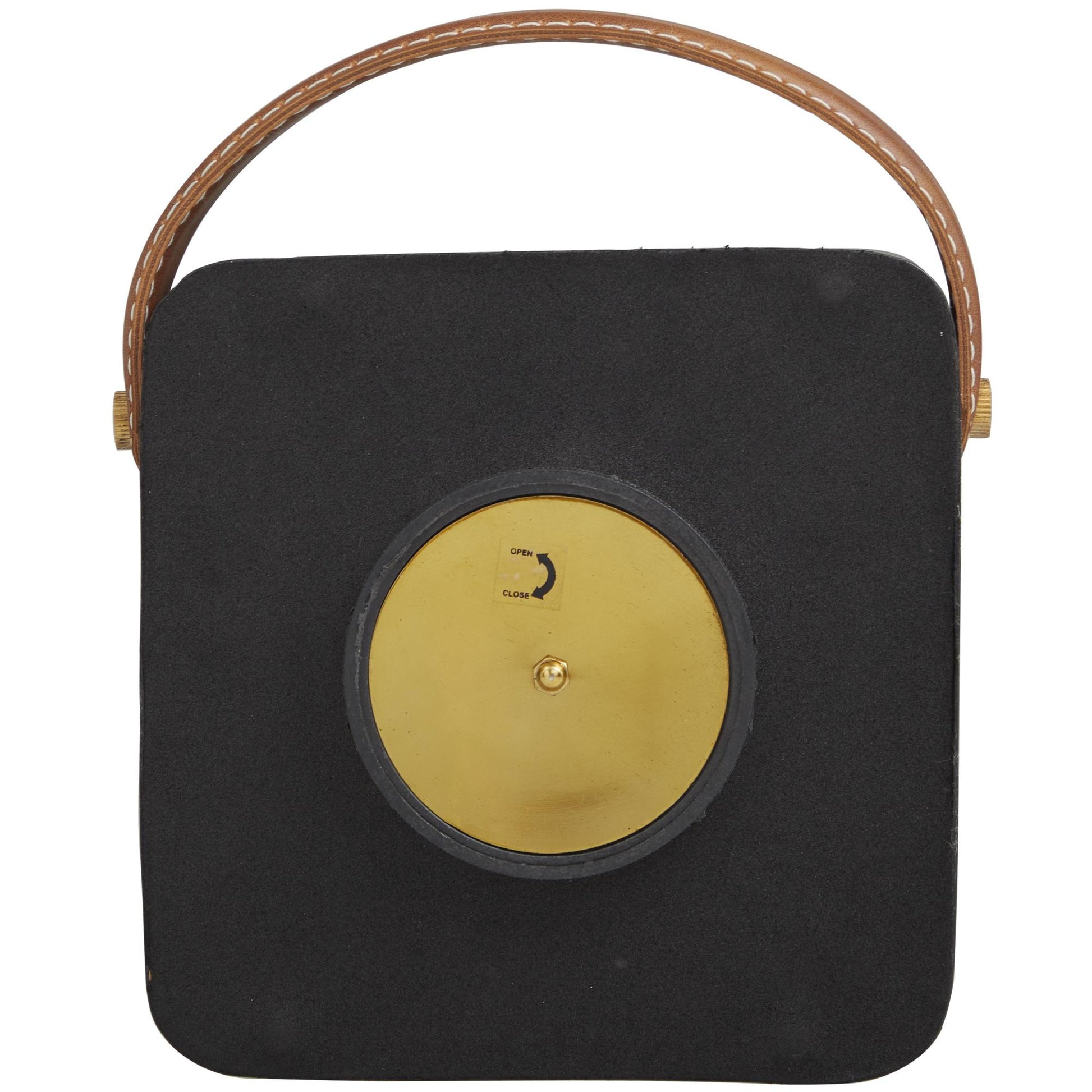 Black Metal Small Decorative Clock with Leather Handle and Hour Markers