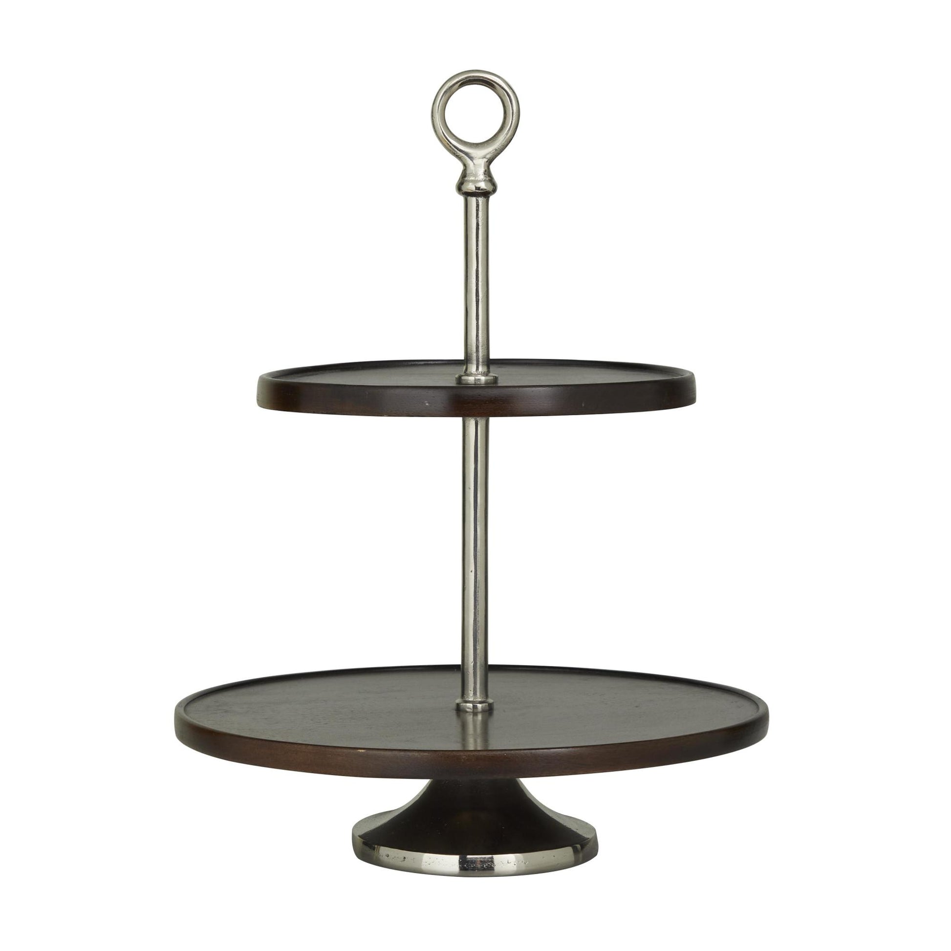 Mango Wood 2 Level Decorative Tiered Server with Silver Aluminum Cone Base