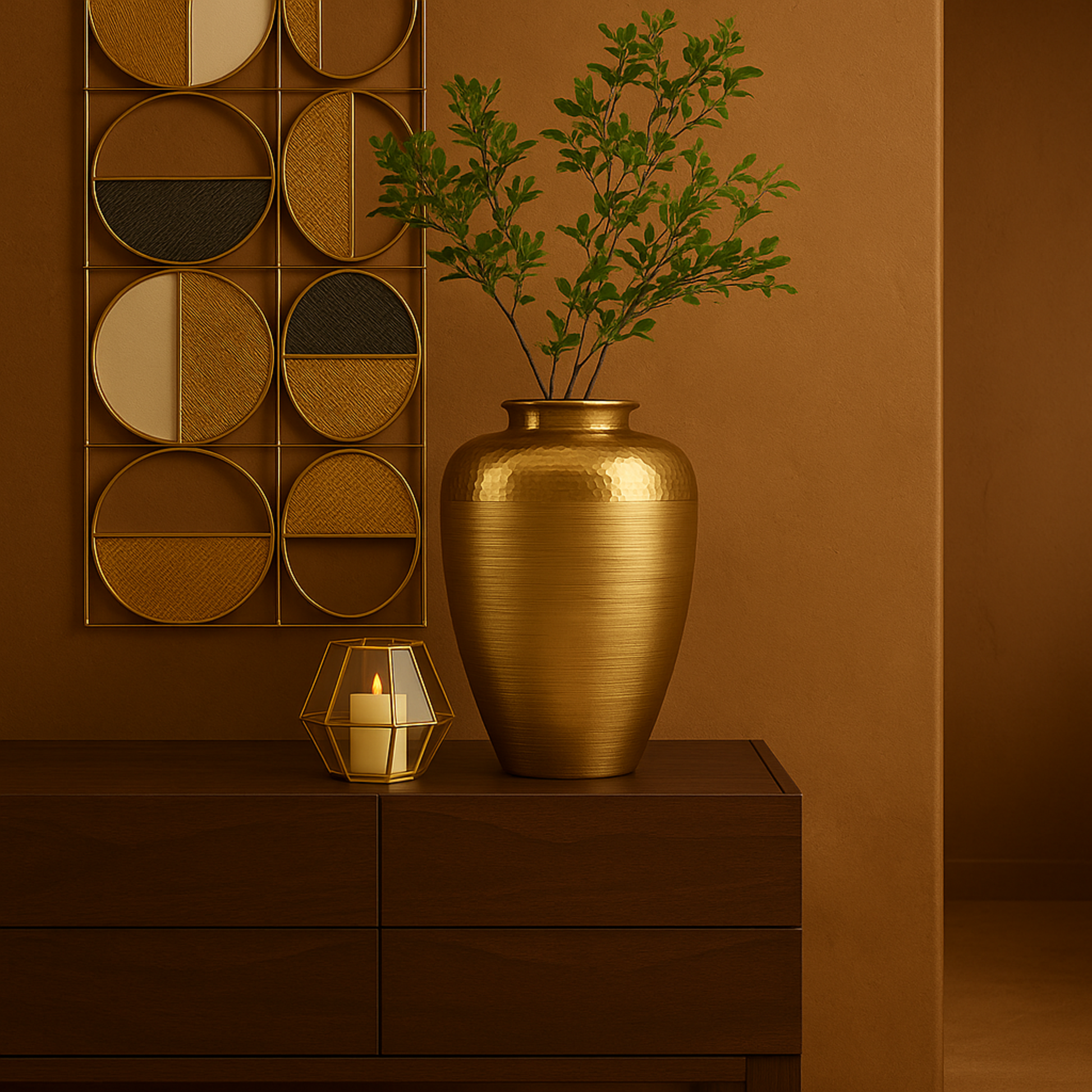 Gold Aluminum Metal Brushed Decorative Vase with Hammered Top