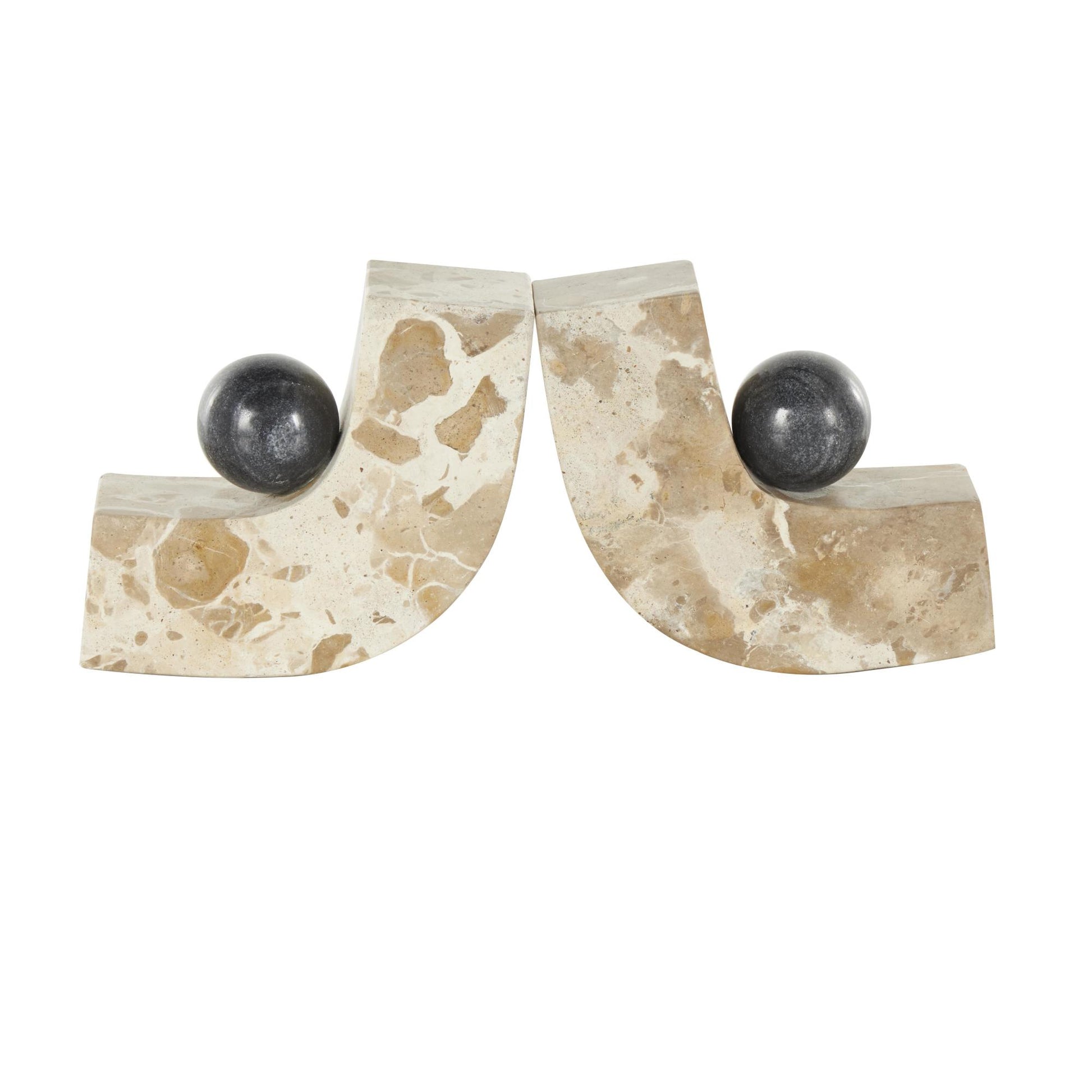 Set of 2 Brown Marble Arched Curved Decorative Bookends with Black Orbs