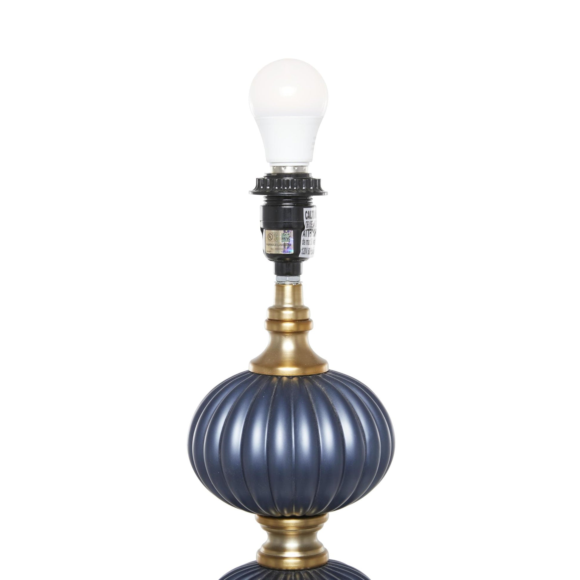 Blue Metal Ribbed Room Floor Lamp with Velvet Shade and Gold Accents