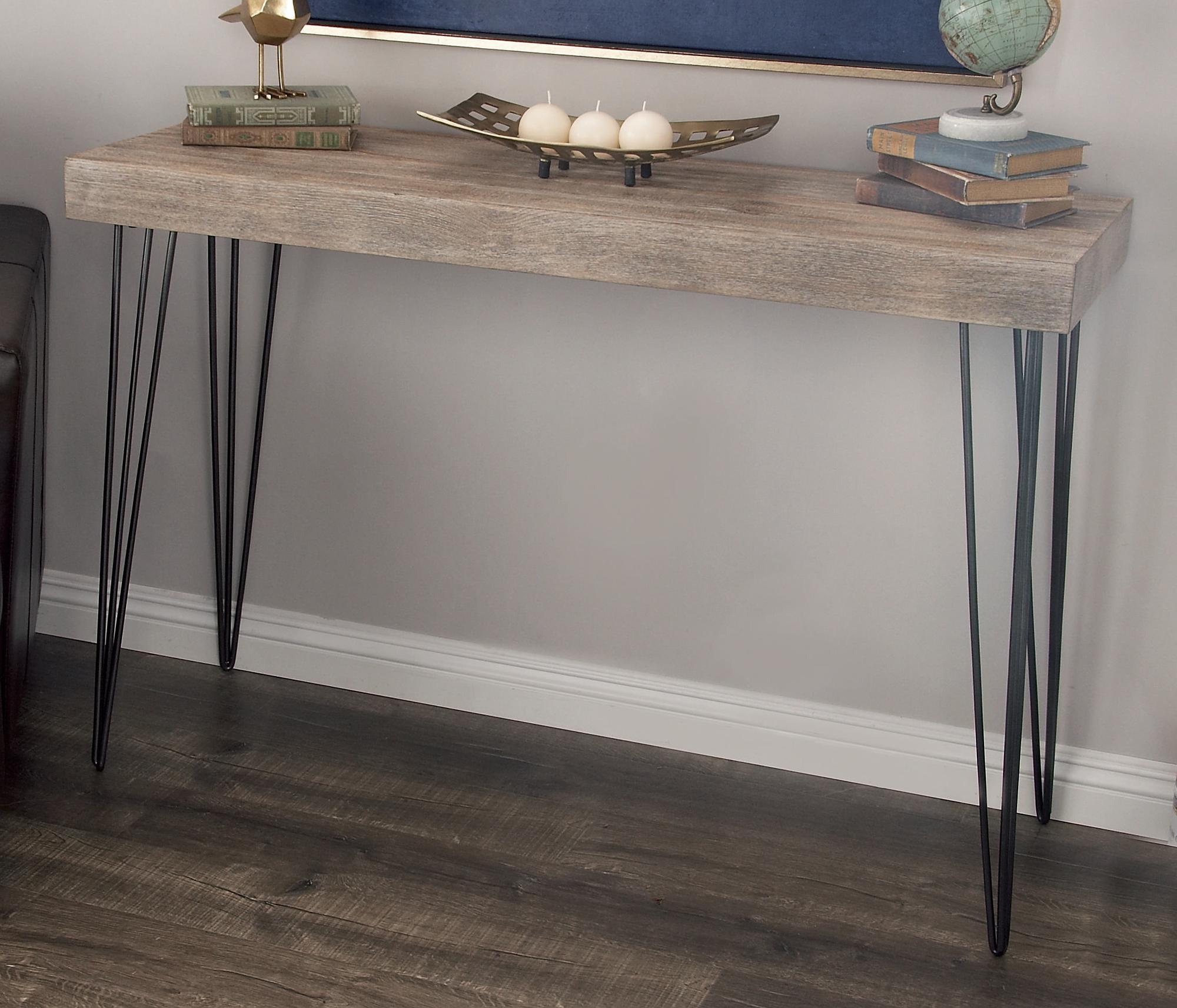 Brown Wood Rectangular Living Room Console Table with Black Metal Hairpin Legs