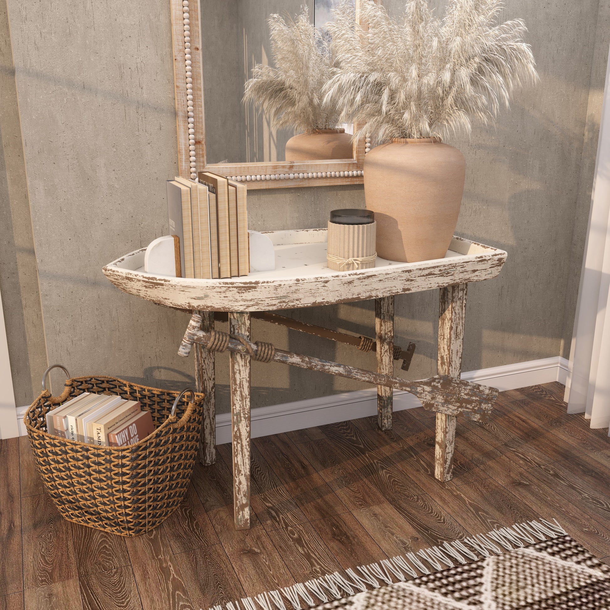 Boat White Wood Distressed Tray Top Side End Accent Table with Oar Detailed Legs