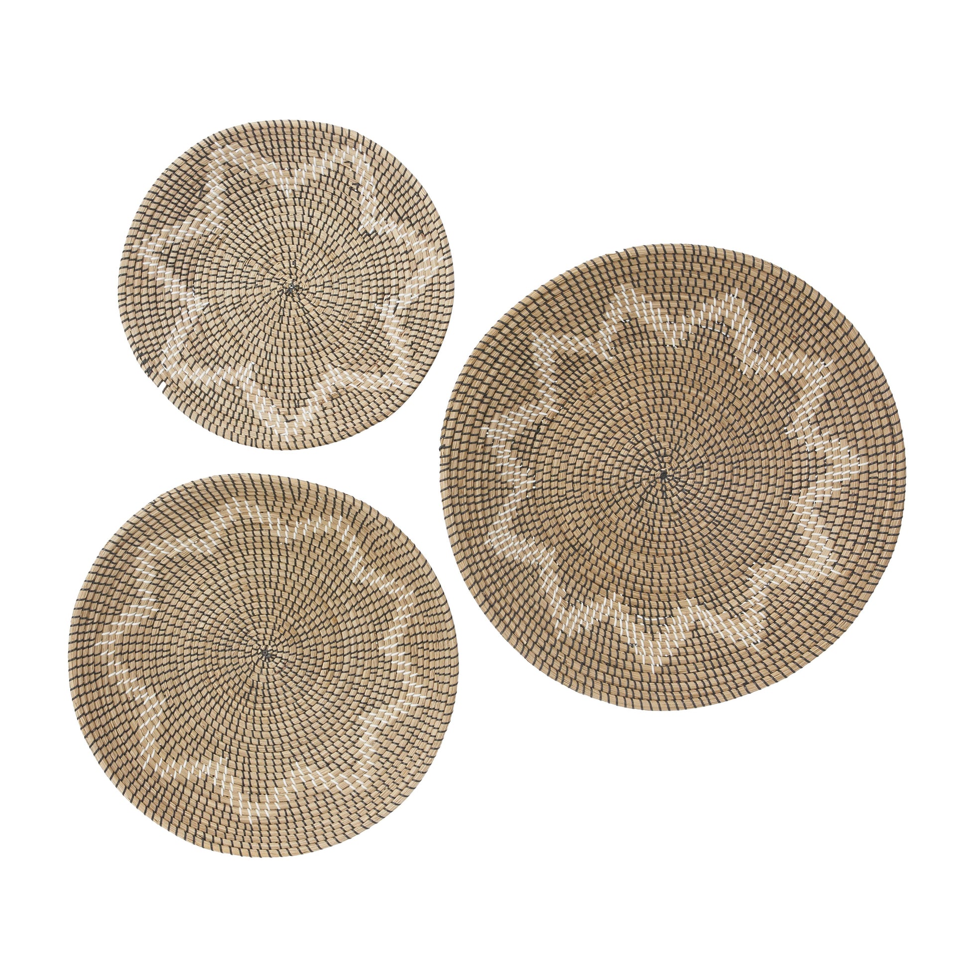 Set of 3 Plate Seagrass Handmade Spiral Basket Home Wall Decor with Black and White Accents Set of 3 29", 24", 20"D