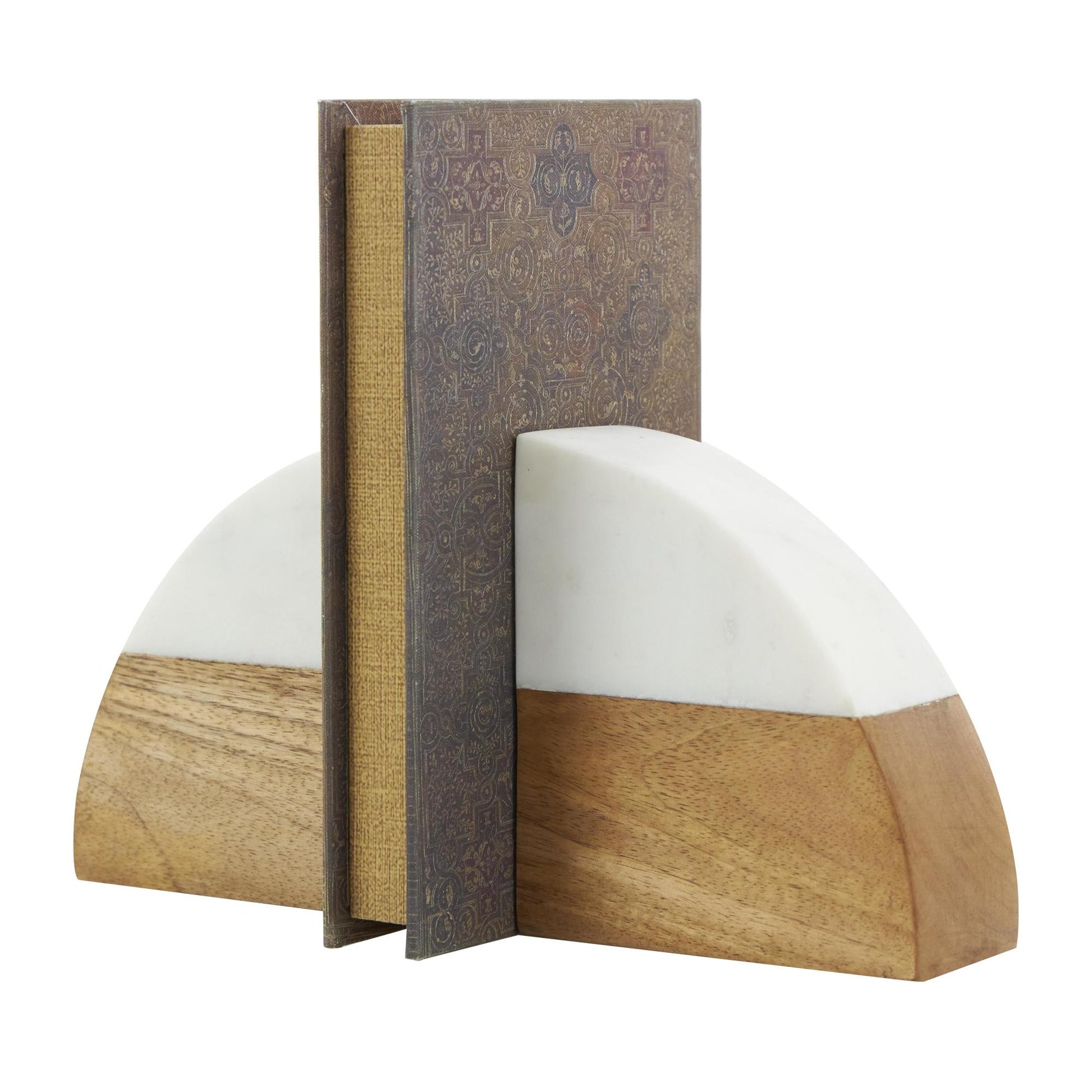Set of 2 Geometric Brown Mango Wood Arched 5 lbs Decorative Bookends with White Marble Tops