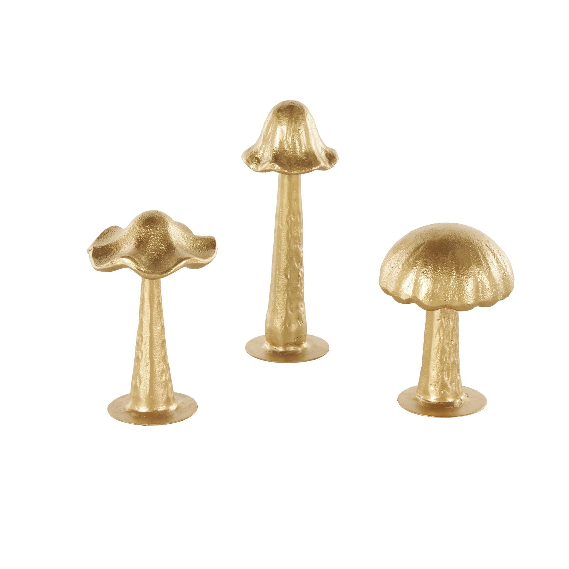 Set of 3 Mushroom Gold Metal Metallic Decorative Sculpture with Round Base