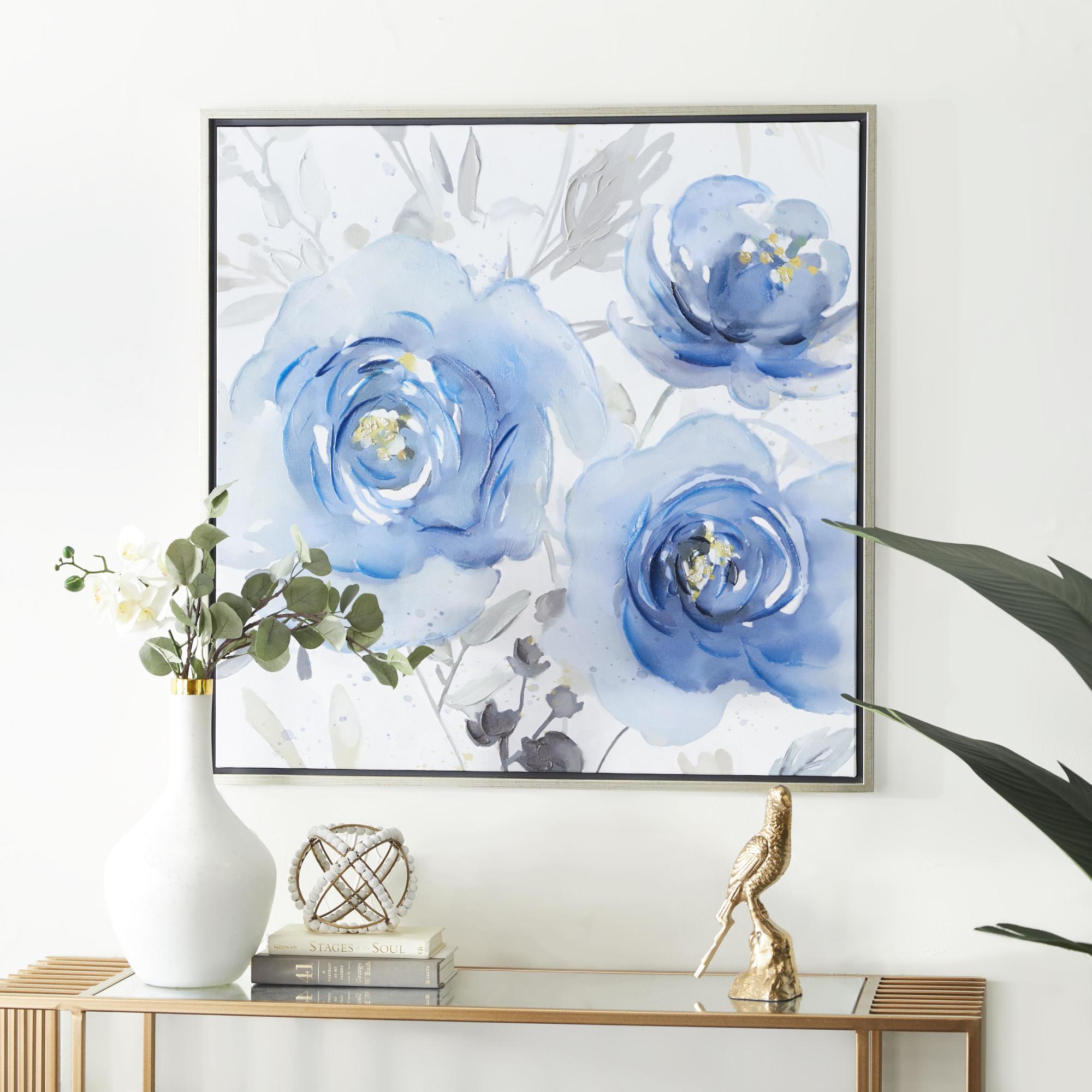 Floral Blue Canvas Living Room Framed Wall Art with Silver Frame