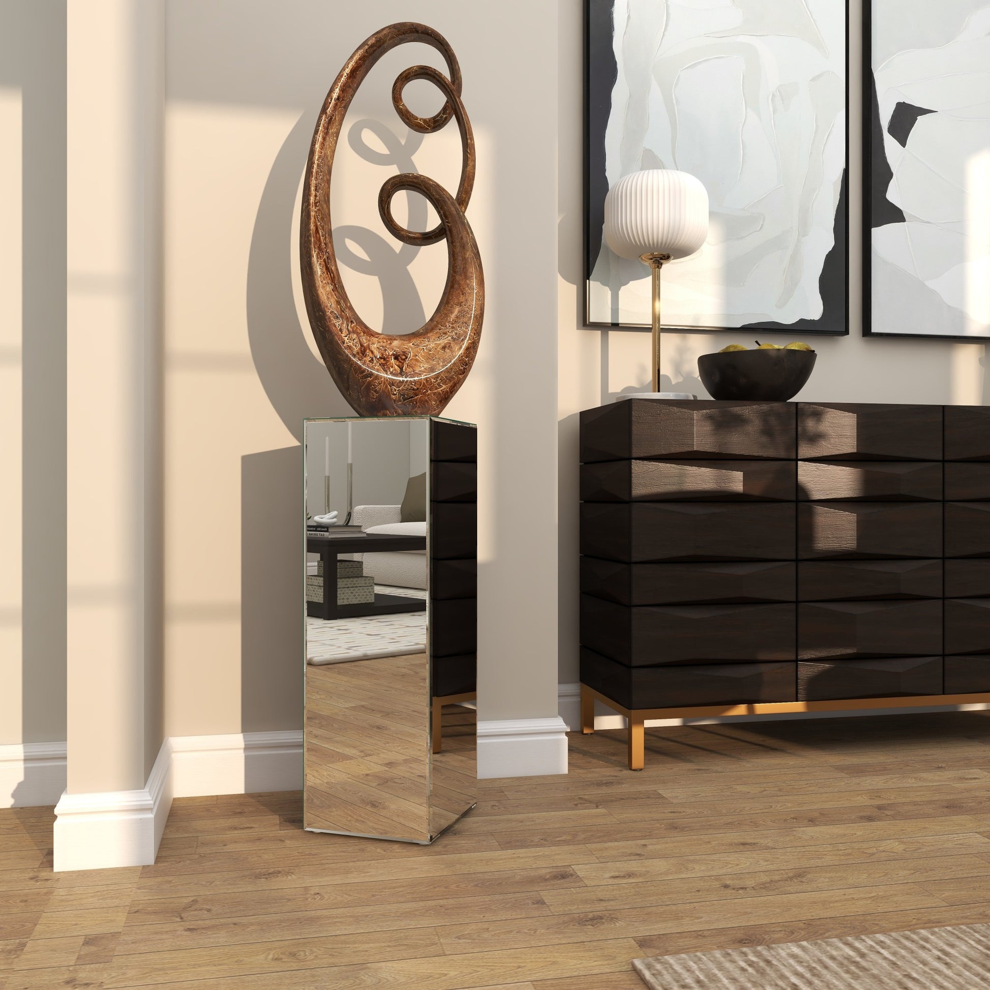 Silver Glass Tall Rectangular Mirrored Side End Pedestal Table